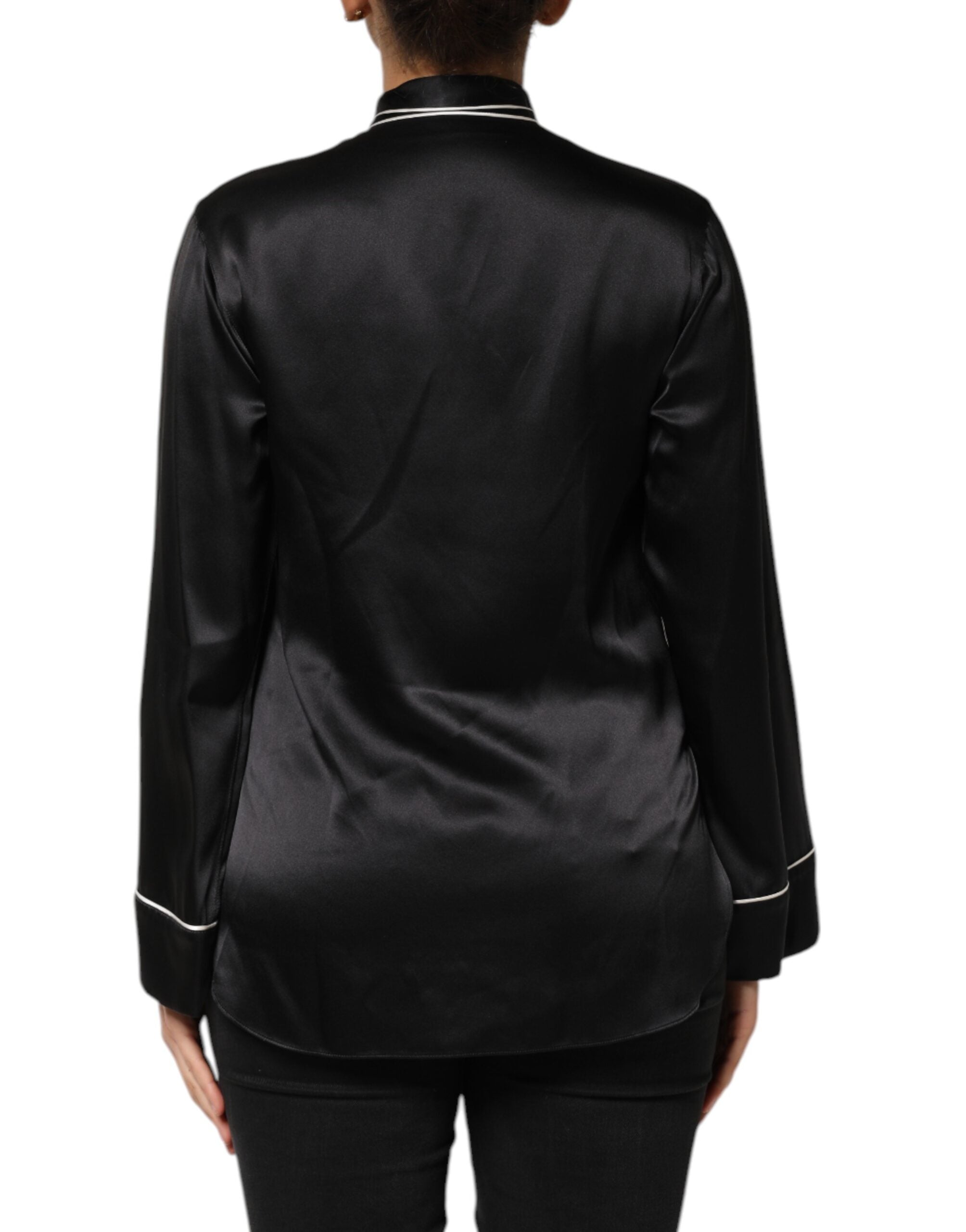 Dolce &amp; Gabbana Sort Silke Ascot Kraveknapbluse Top