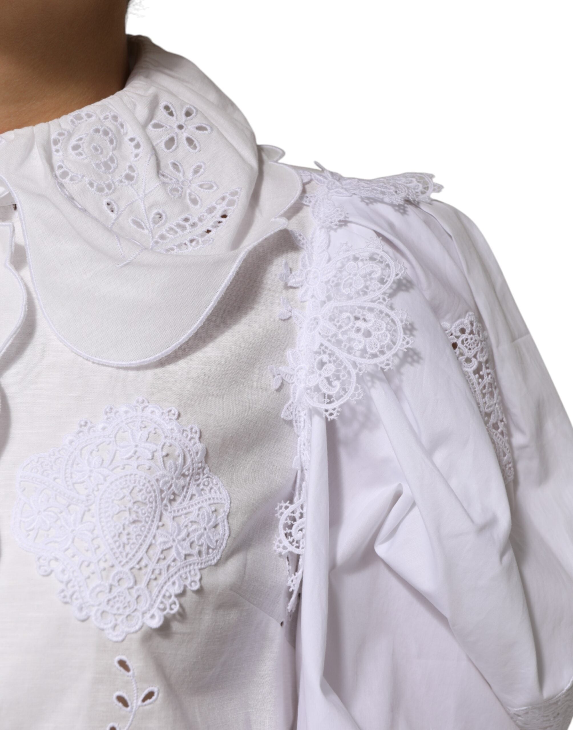 Dolce &amp; Gabbana Hvid Blusetop med Flæser og Blondeudsmykning