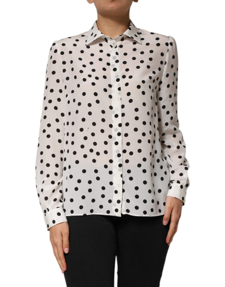 Dolce & Gabbana White Black Dotted Silk Long Sleeves Top