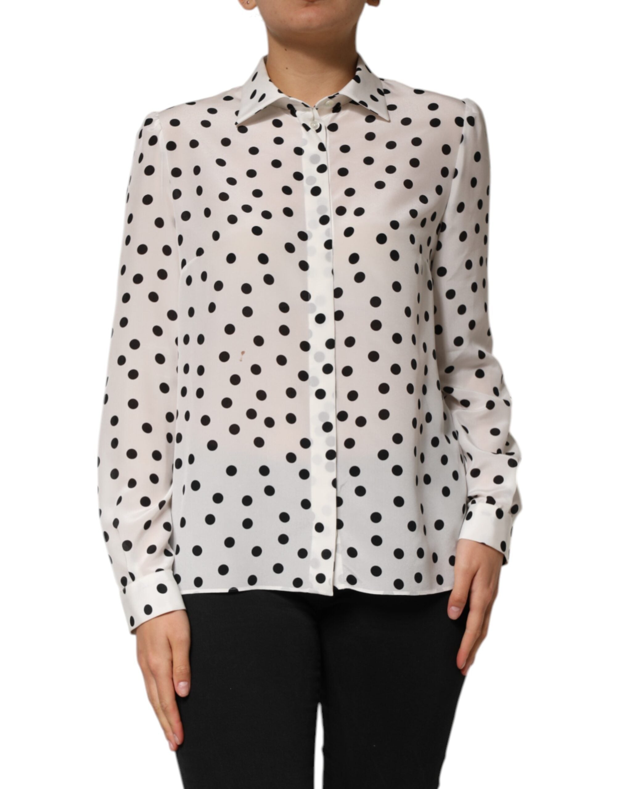 Dolce & Gabbana White Black Dotted Silk Long Sleeves Top
