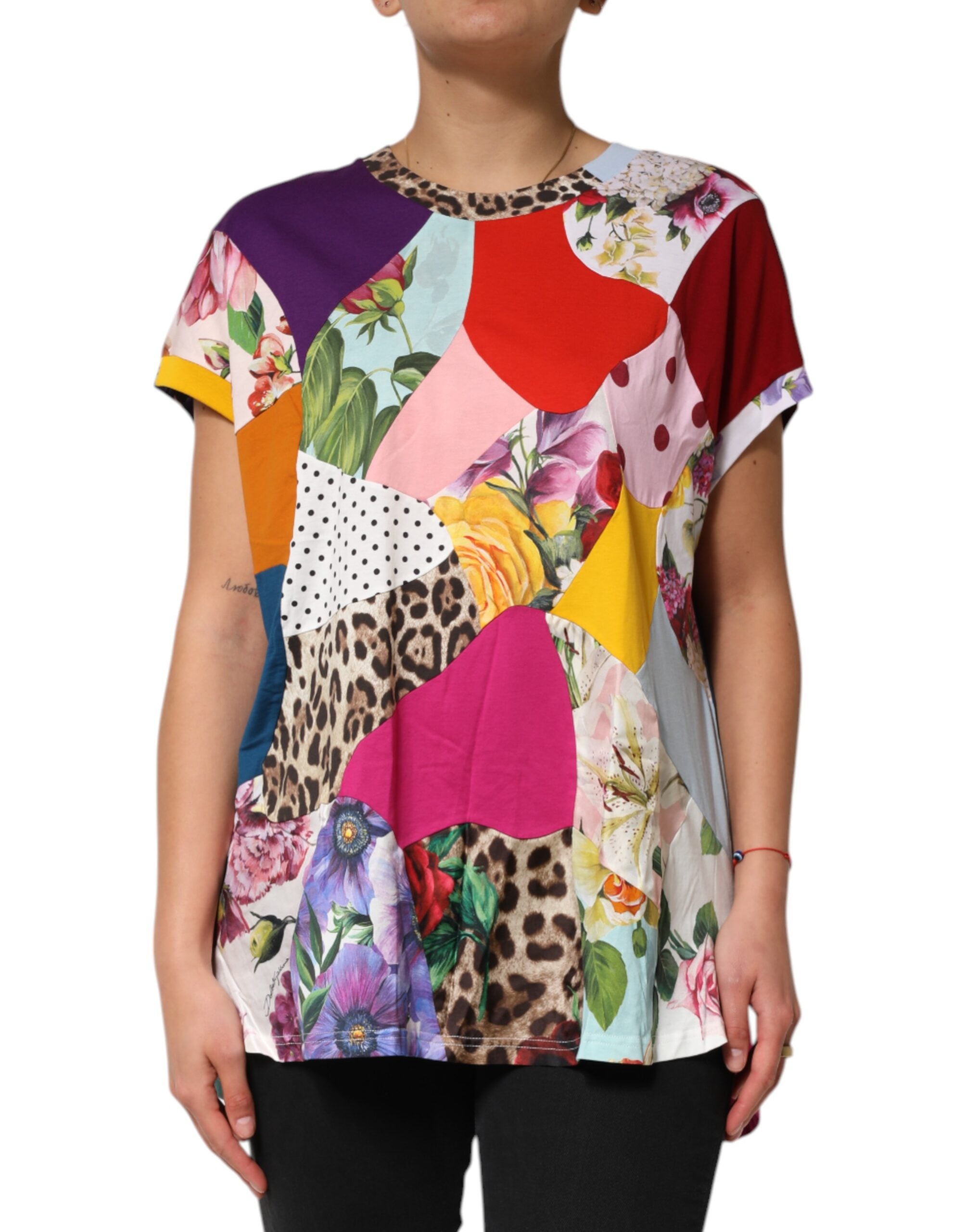 Dolce &amp; Gabbana Multicolor Patchwork Bomuld Silke Bluse Top