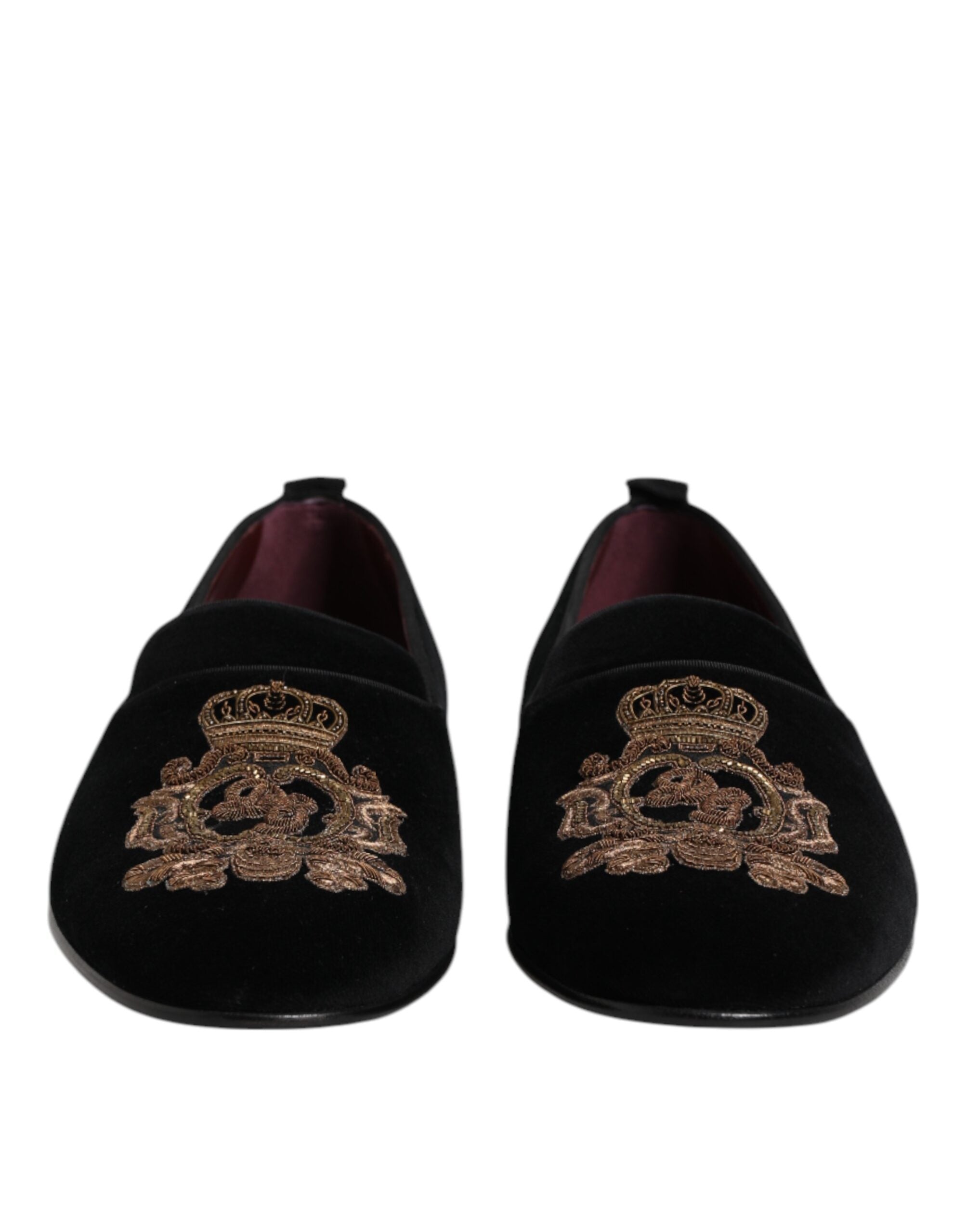 Dolce &amp; Gabbana Sorte Velvet Gold Crown Herre Loafers Sko