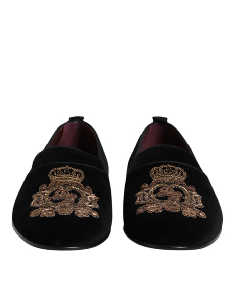 Dolce &amp; Gabbana Sorte Velvet Gold Crown Herre Loafers Sko