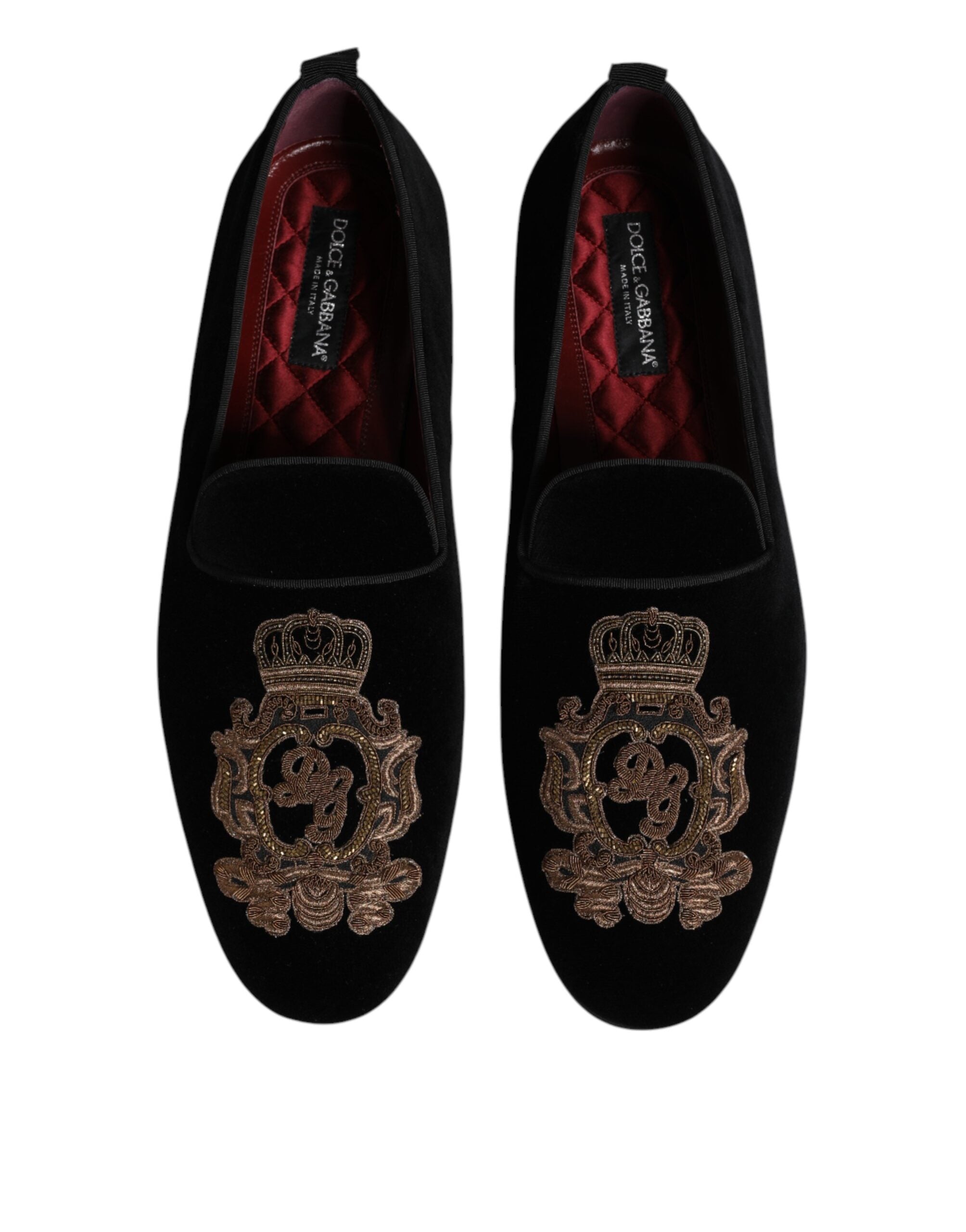 Dolce &amp; Gabbana Sorte Velvet Gold Crown Herre Loafers Sko