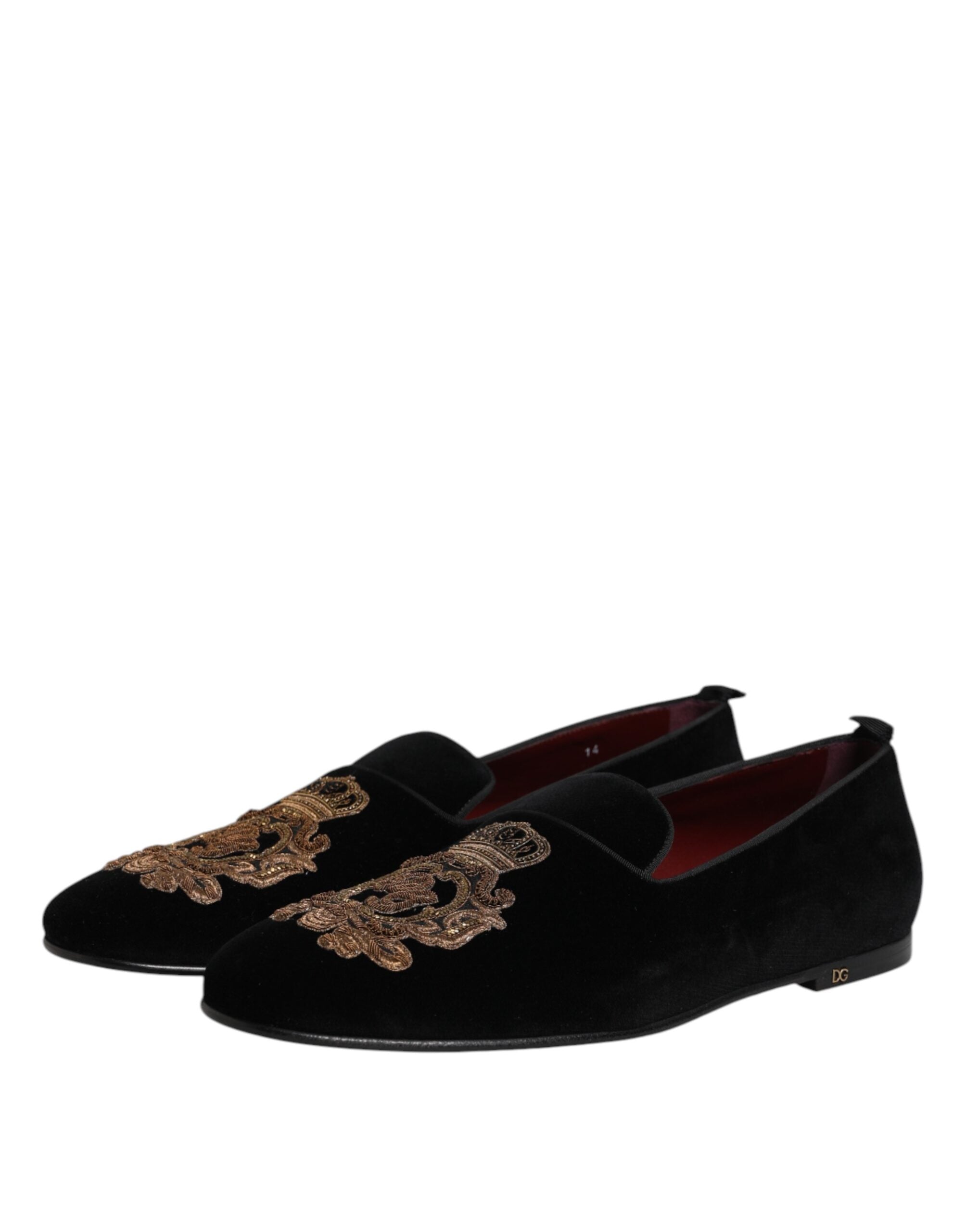 Dolce &amp; Gabbana Sorte Velvet Gold Crown Herre Loafers Sko