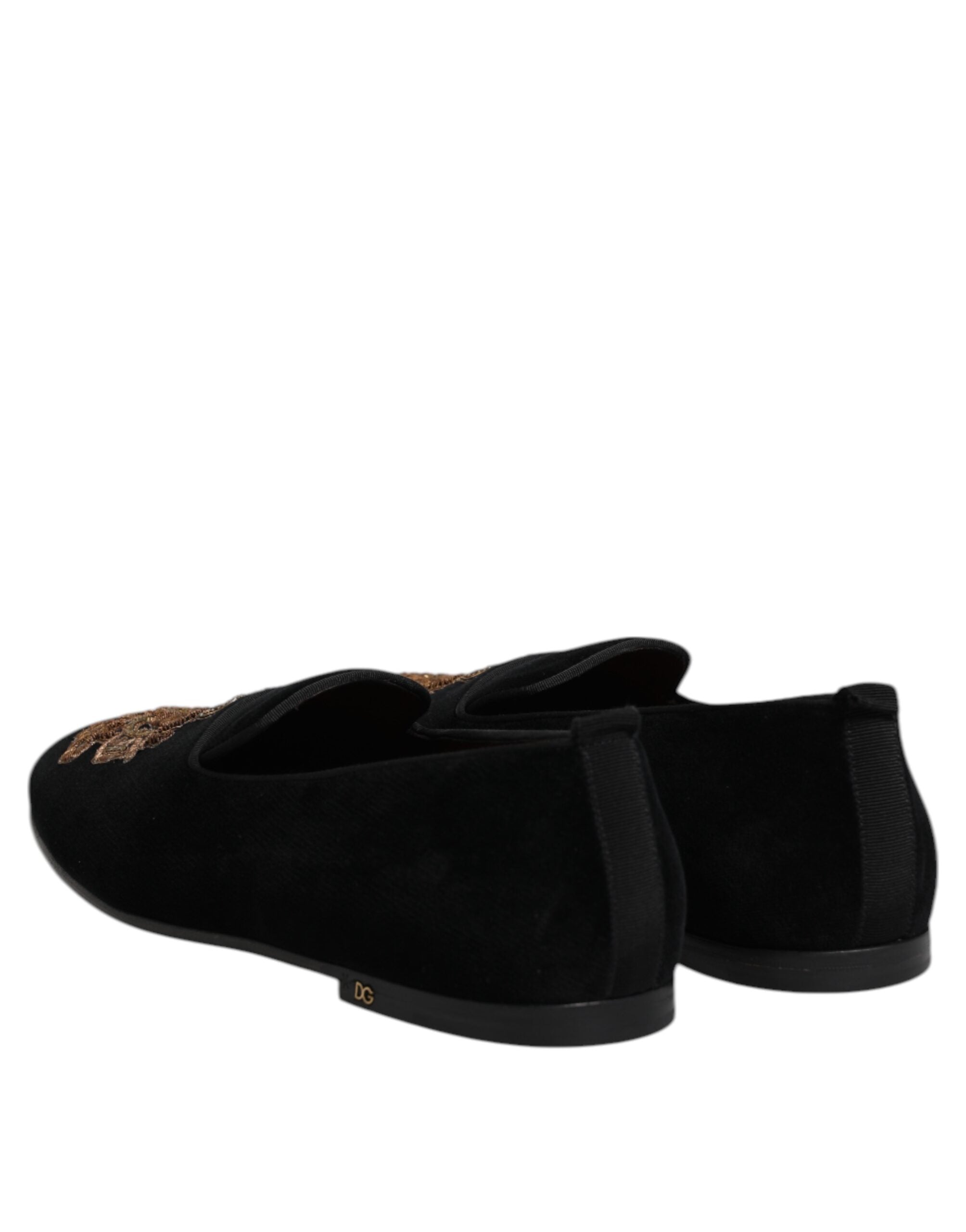 Dolce &amp; Gabbana Sorte Velvet Gold Crown Herre Loafers Sko