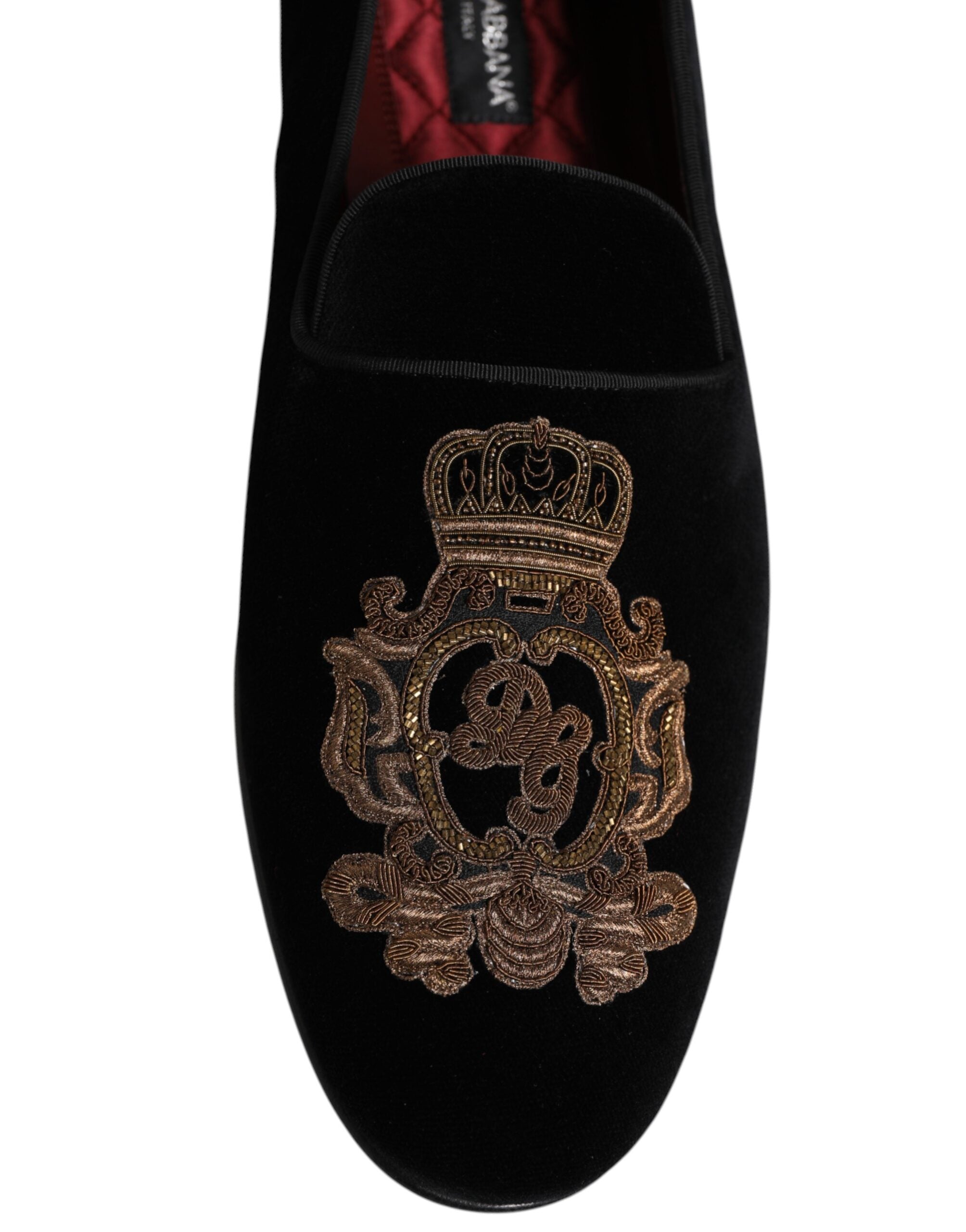 Dolce &amp; Gabbana Sorte Velvet Gold Crown Herre Loafers Sko