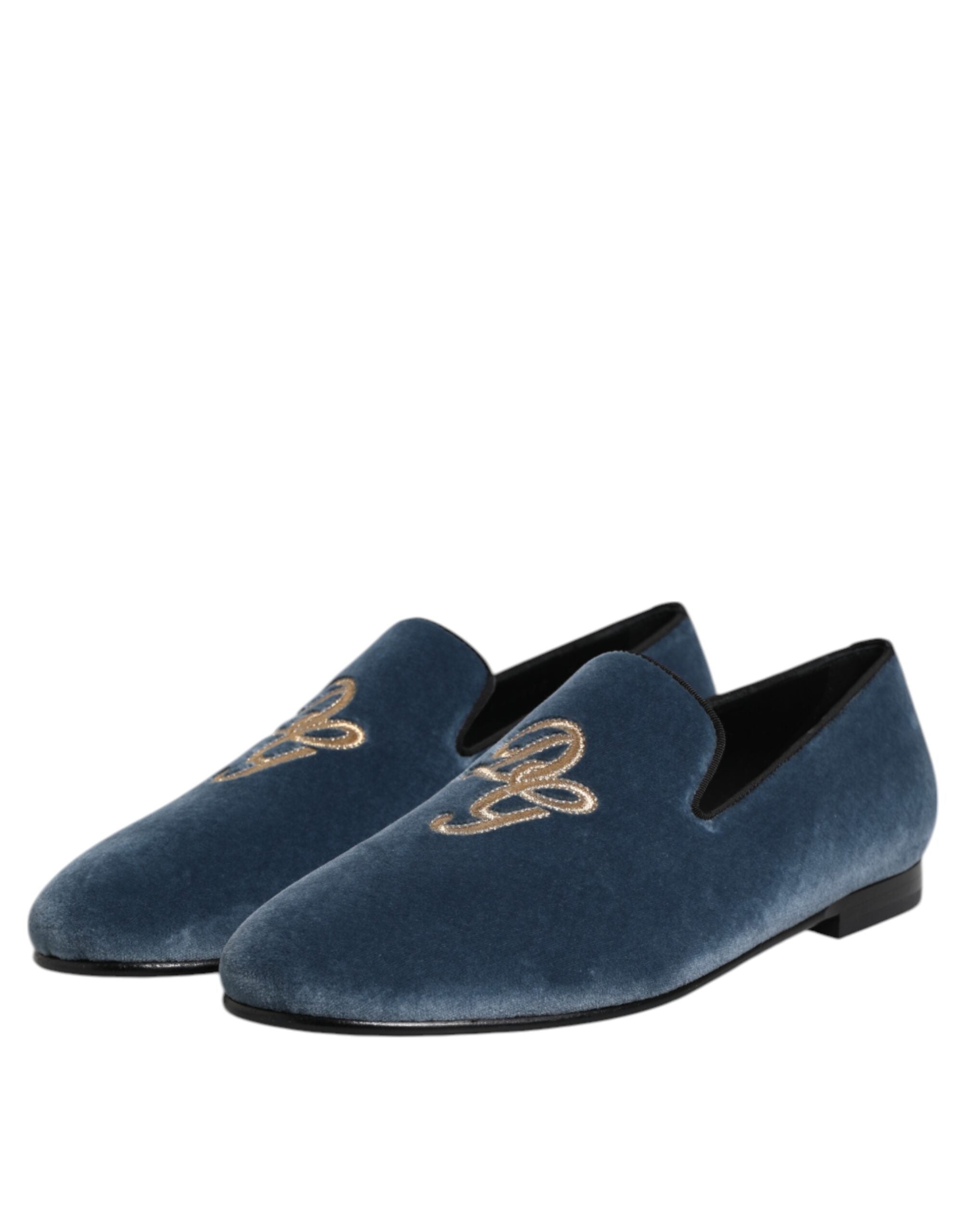 Dolce &amp; Gabbana Blå Velour Loafers Med DG Logo Formelle Sko