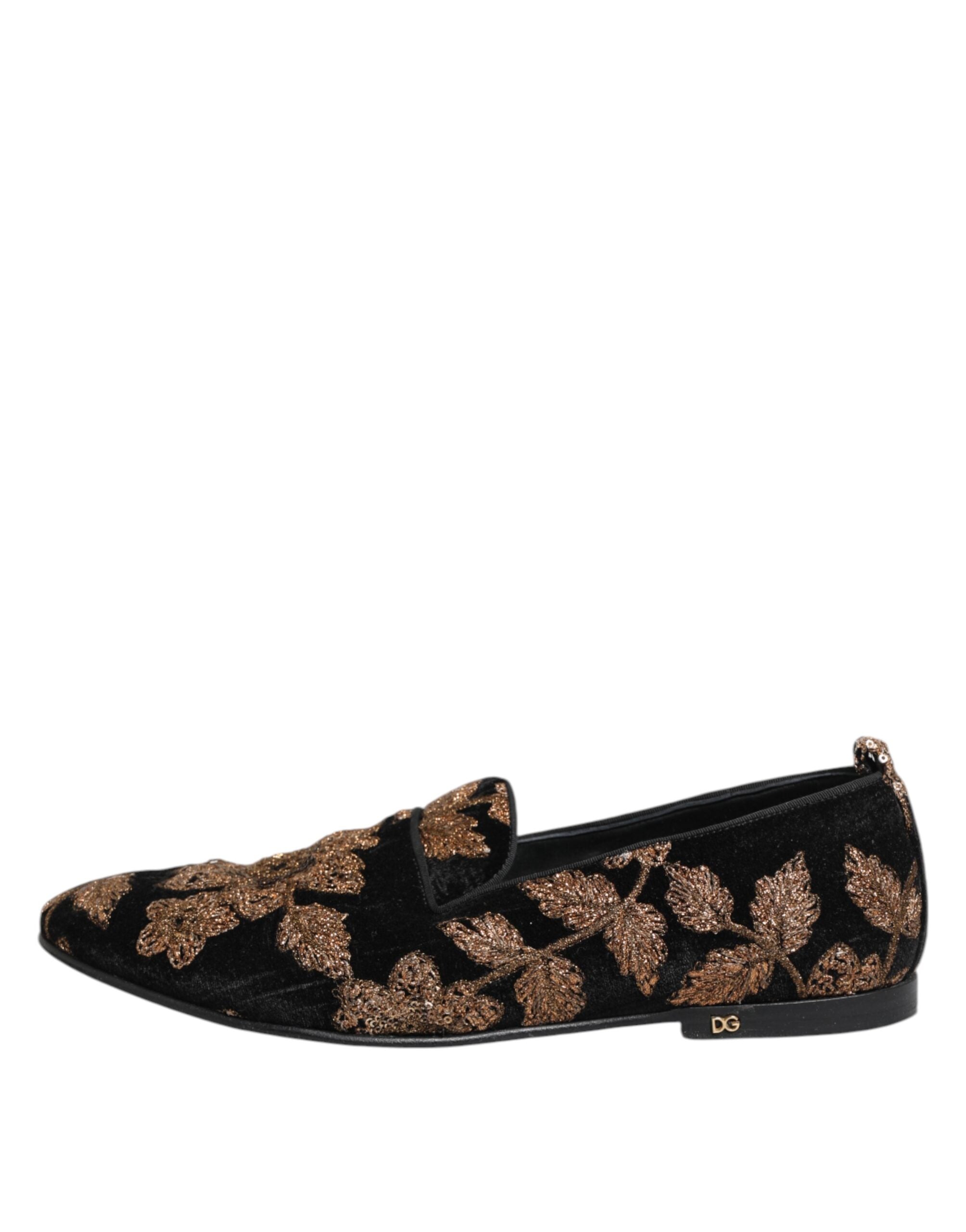 Dolce &amp; Gabbana Sorte Blomsterbroderi Herre Loafers Sko