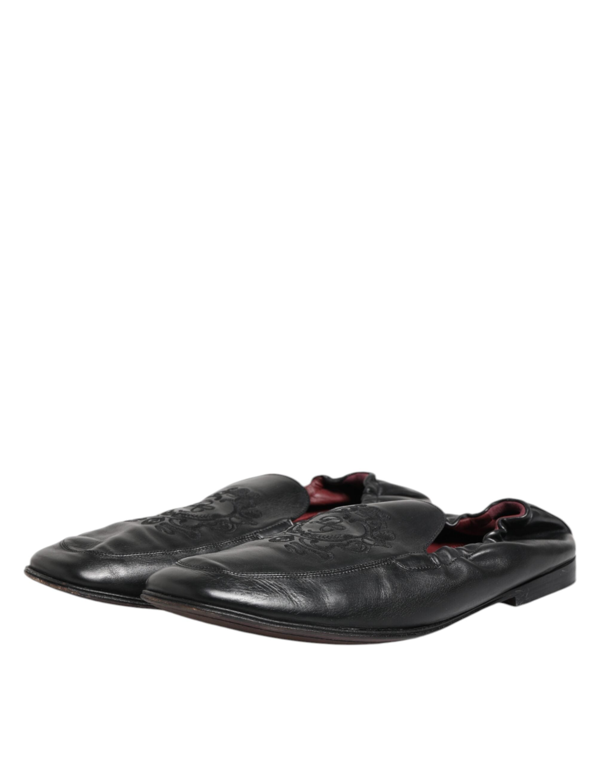 Dolce &amp; Gabbana Sorte Læder Slip On Herre Flade Loafers Sko