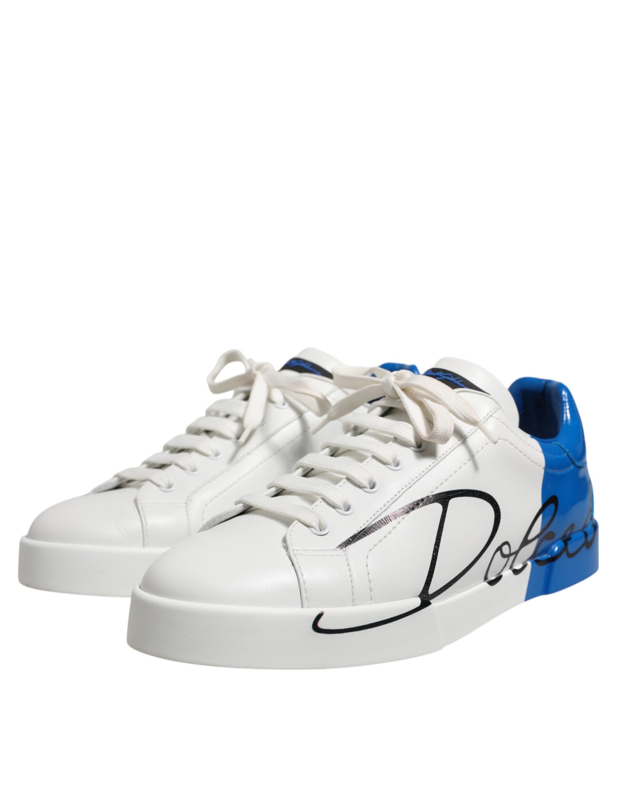 Dolce & Gabbana White Blue Leather Logo Low Top Sneakers Shoes