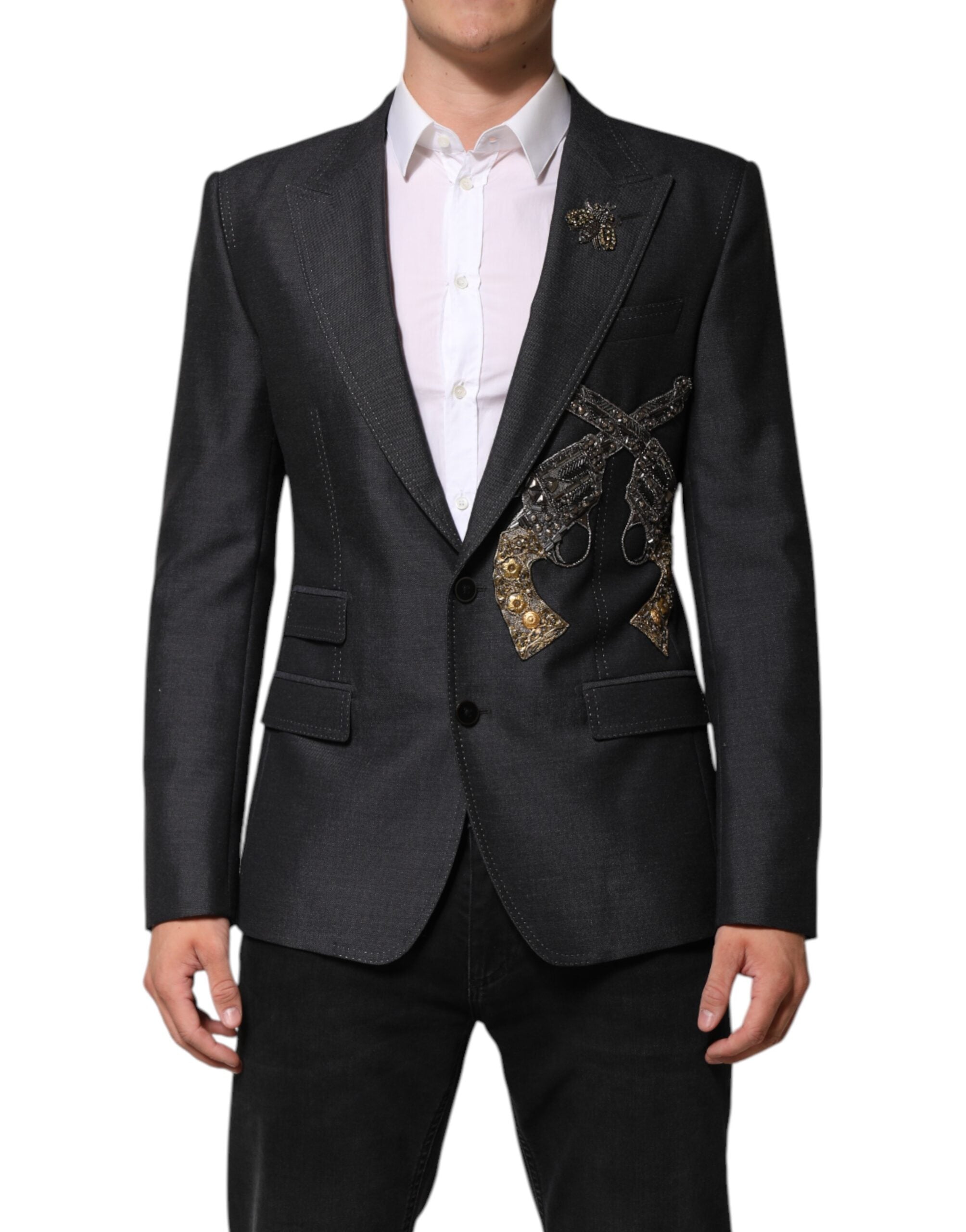Dolce &amp; Gabbana Mørkegrå Uldfrakkeblazer med Bi-broderi