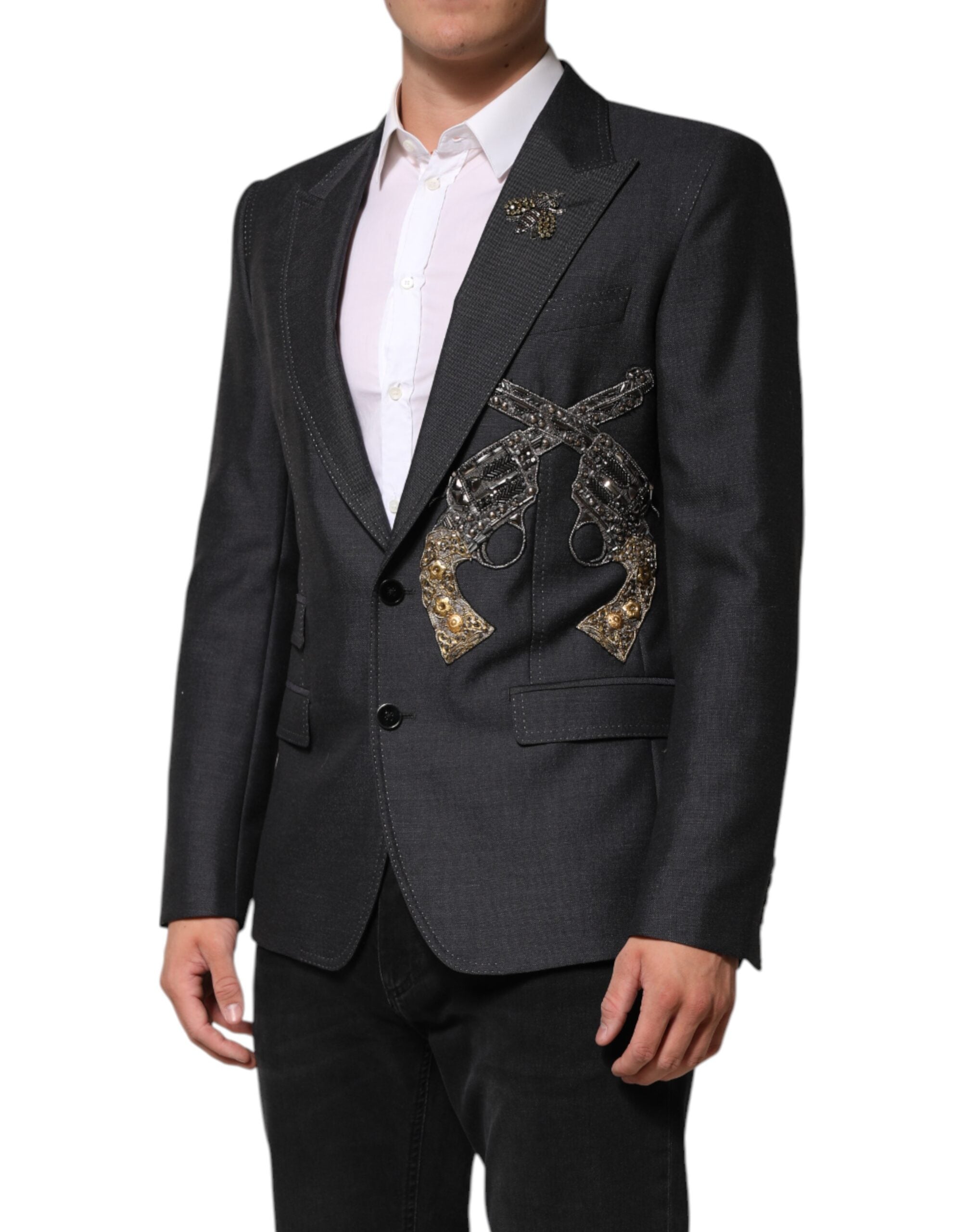 Dolce &amp; Gabbana Mørkegrå Uldfrakkeblazer med Bi-broderi