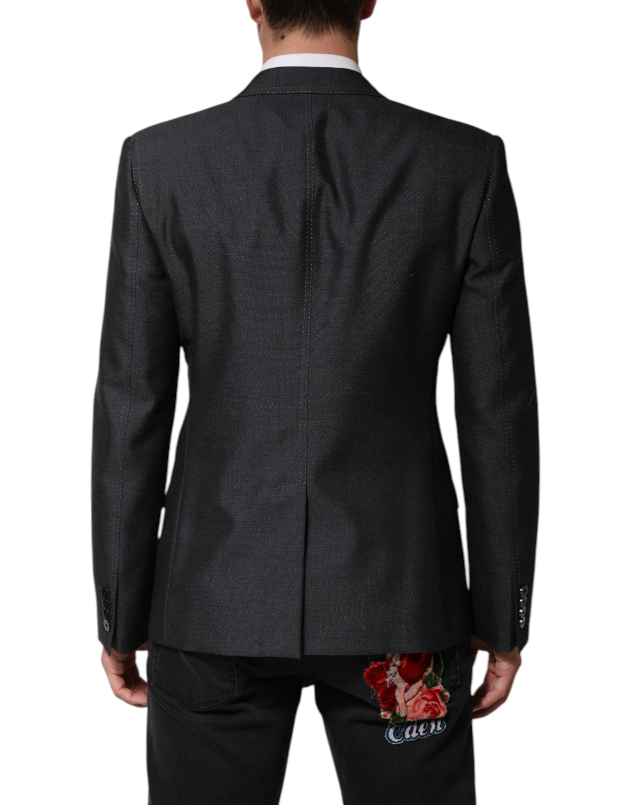 Dolce &amp; Gabbana Mørkegrå Uldfrakkeblazer med Bi-broderi