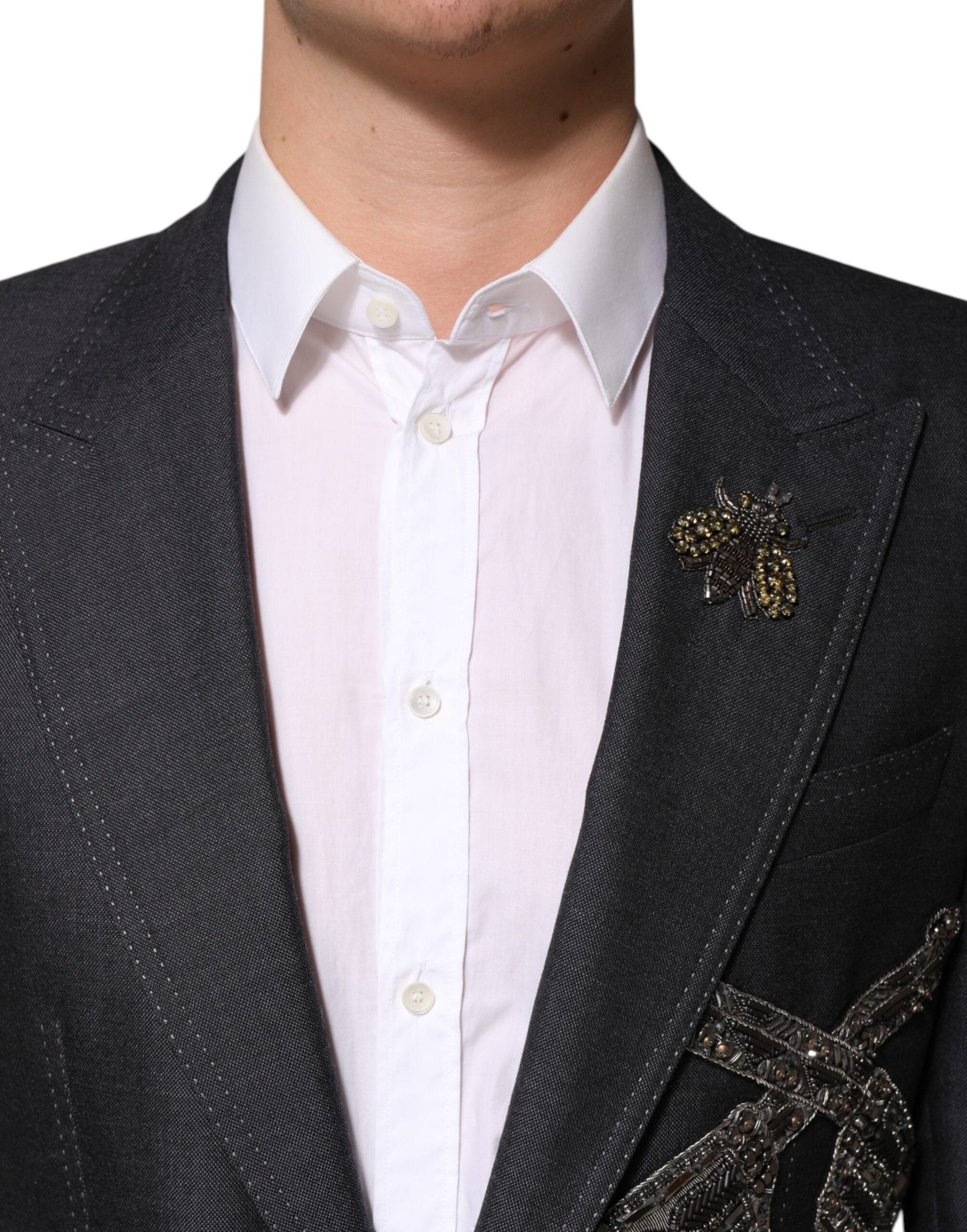 Dolce &amp; Gabbana Mørkegrå Uldfrakkeblazer med Bi-broderi