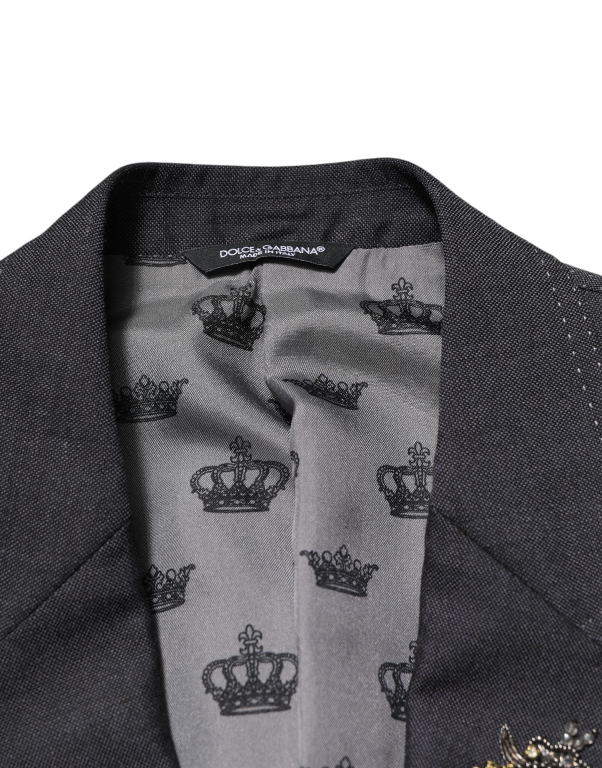 Dolce &amp; Gabbana Mørkegrå Uldfrakkeblazer med Bi-broderi