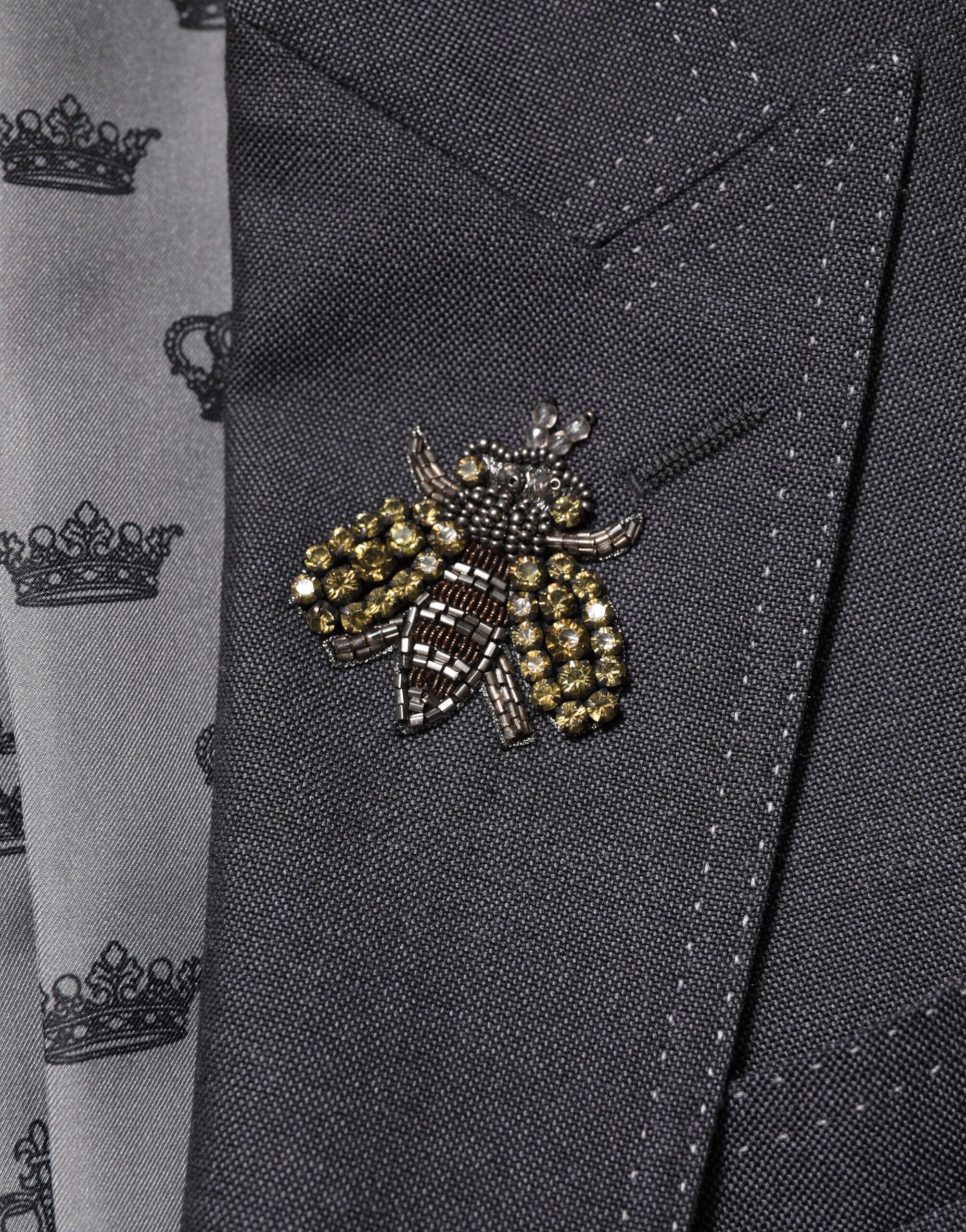 Dolce &amp; Gabbana Mørkegrå Uldfrakkeblazer med Bi-broderi