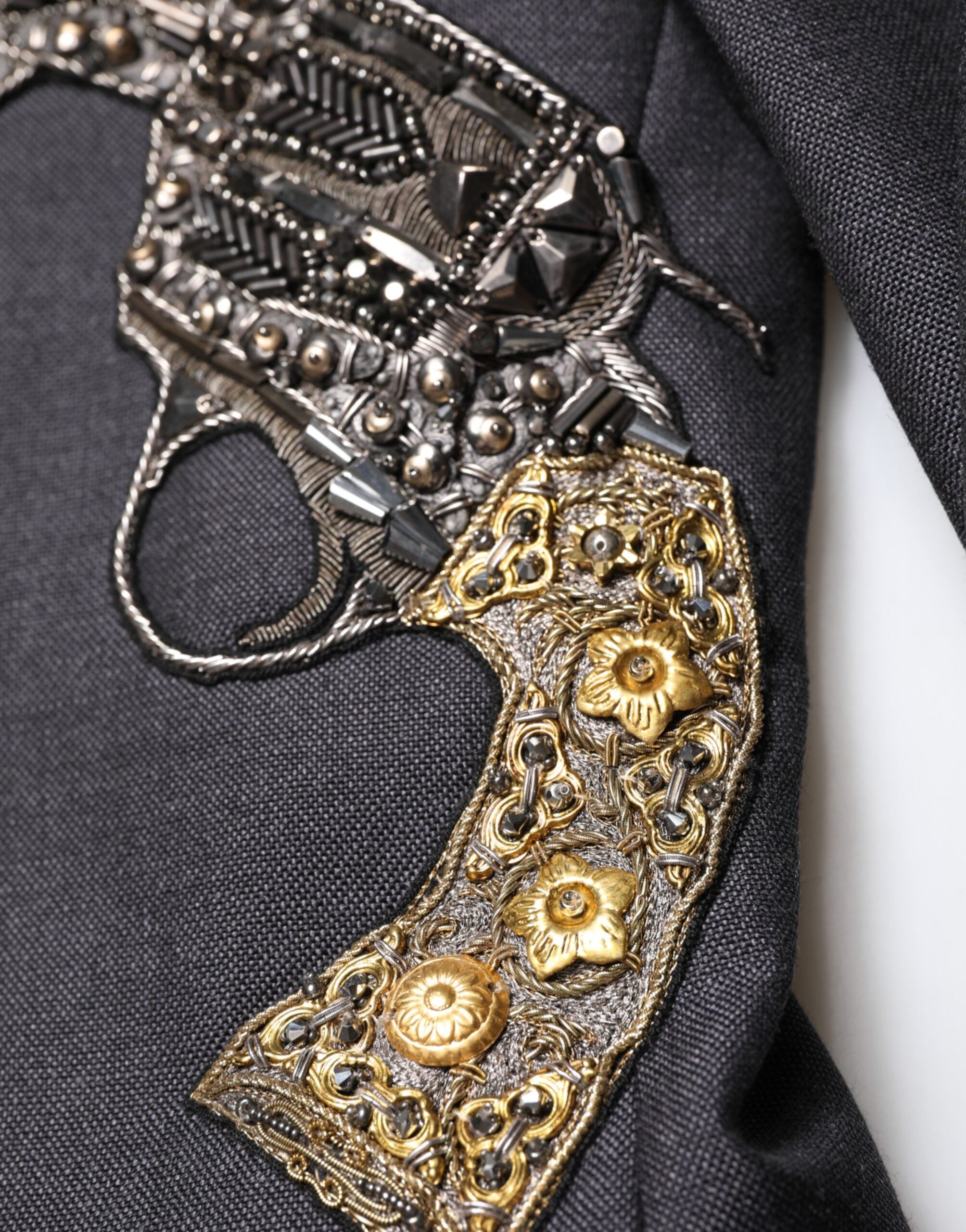Dolce &amp; Gabbana Mørkegrå Uldfrakkeblazer med Bi-broderi