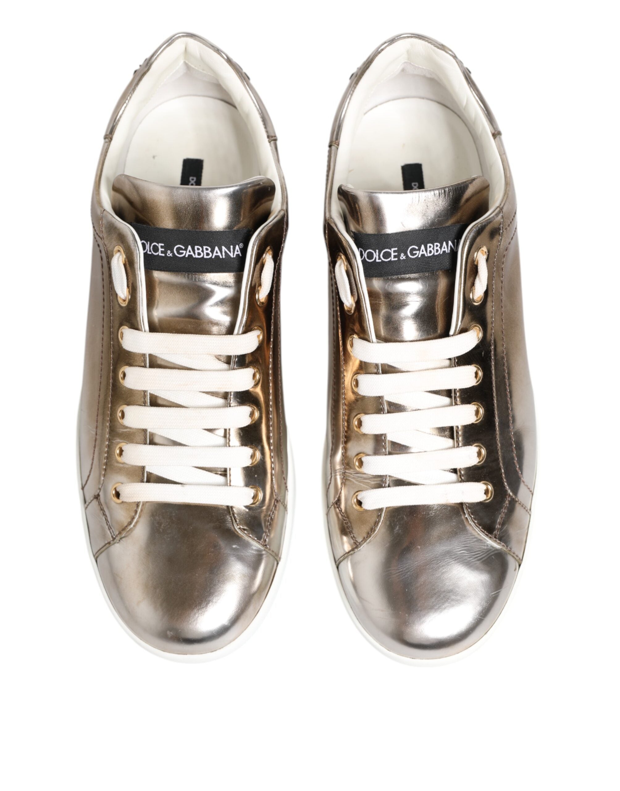Dolce & Gabbana Gold White Leather Low Top Men Sneakers Shoes