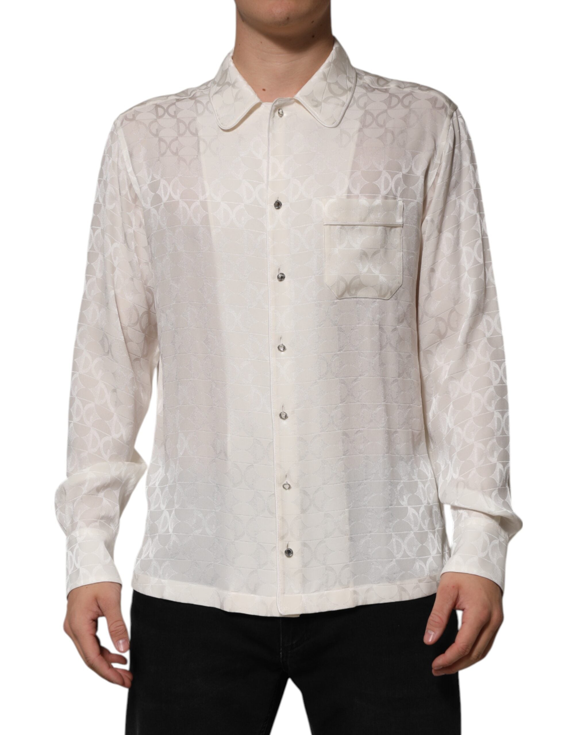 Dolce &amp; Gabbana Hvid Silkeskjorte med DG Logoprint og Langærmet