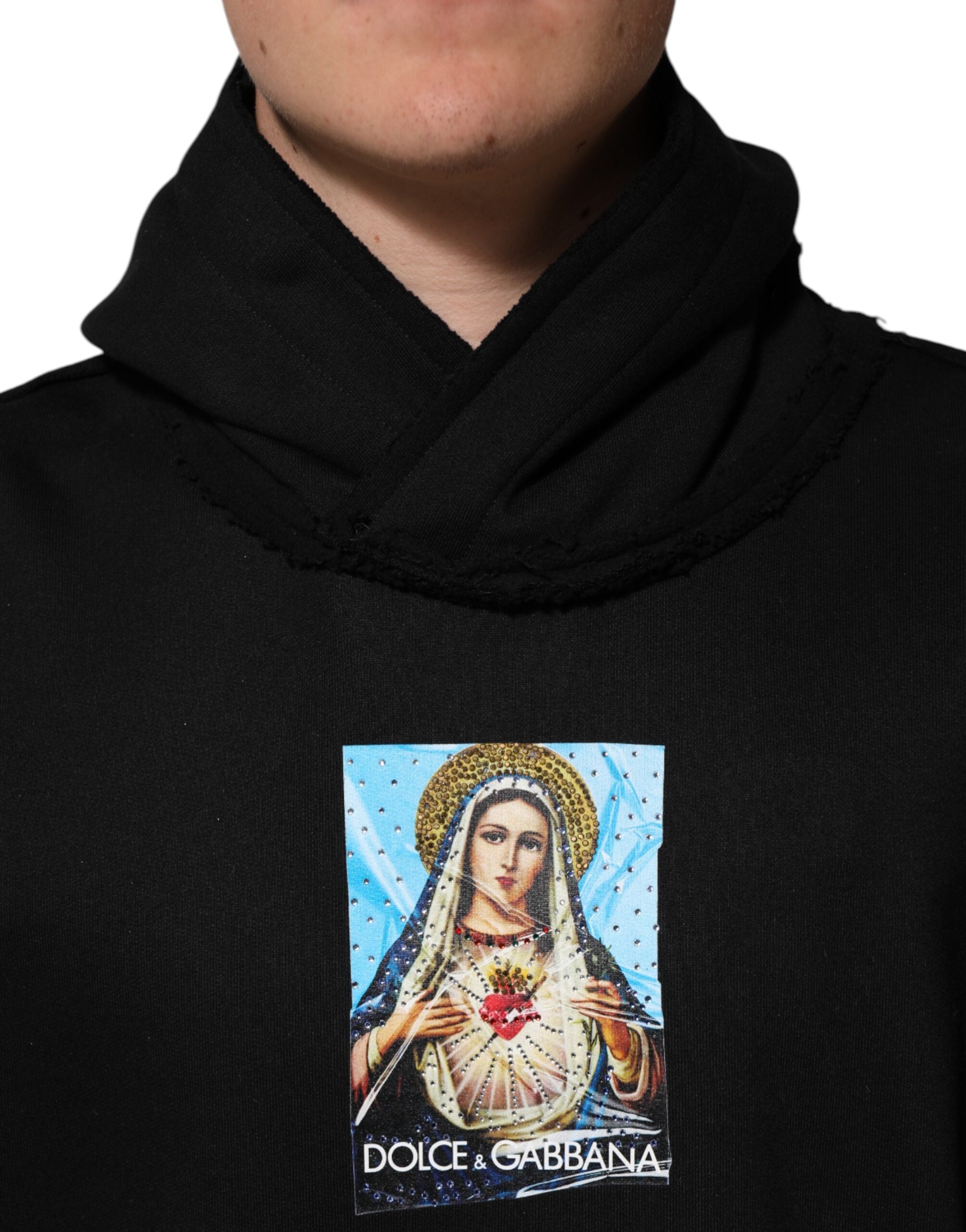 Dolce &amp; Gabbana Sort Hættetrøje med Tryk og Krystaludsmykning