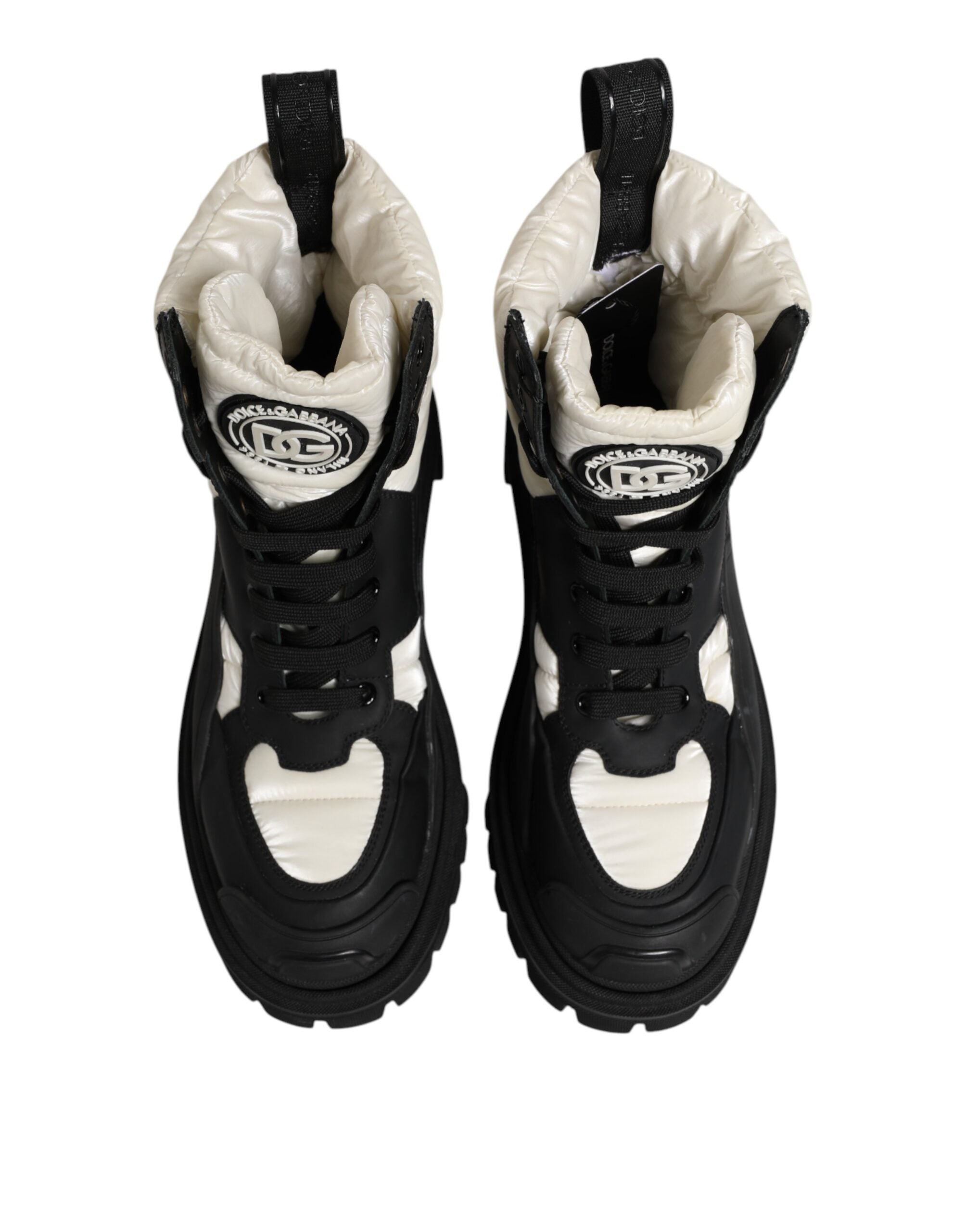 Dolce &amp; Gabbana Sort Hvid Polstret Mid Calf Snørestøvler Sko