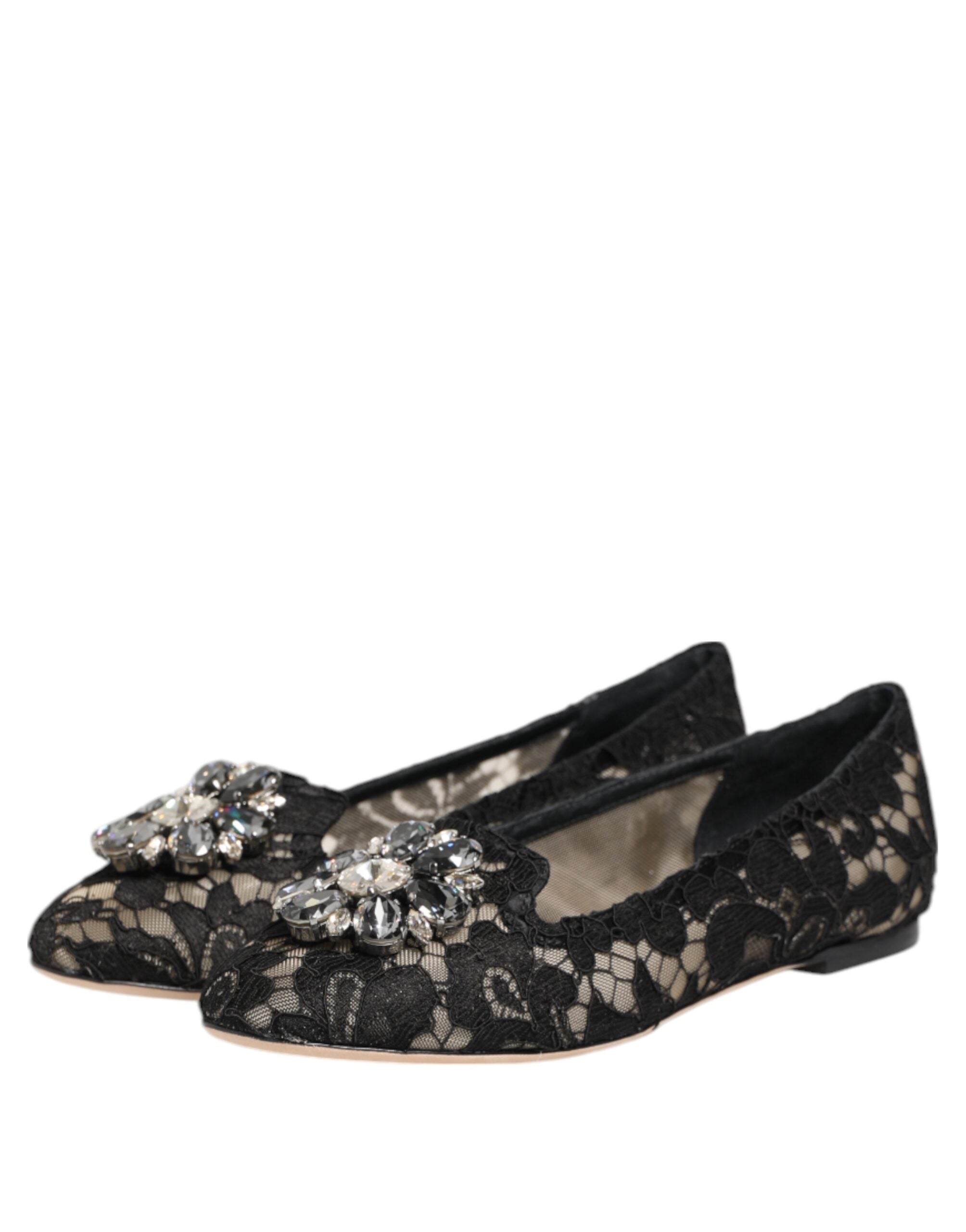 Dolce &amp; Gabbana Sorte Taormina Flade Sko med Blondekrystaller
