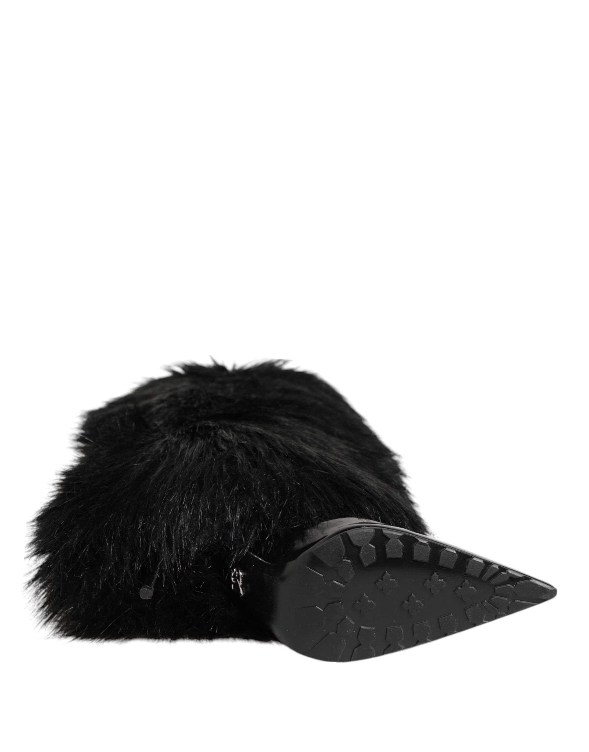 Dolce & Gabbana Black Faux Fur Pointed Knee High Stiletto Boots Shoes