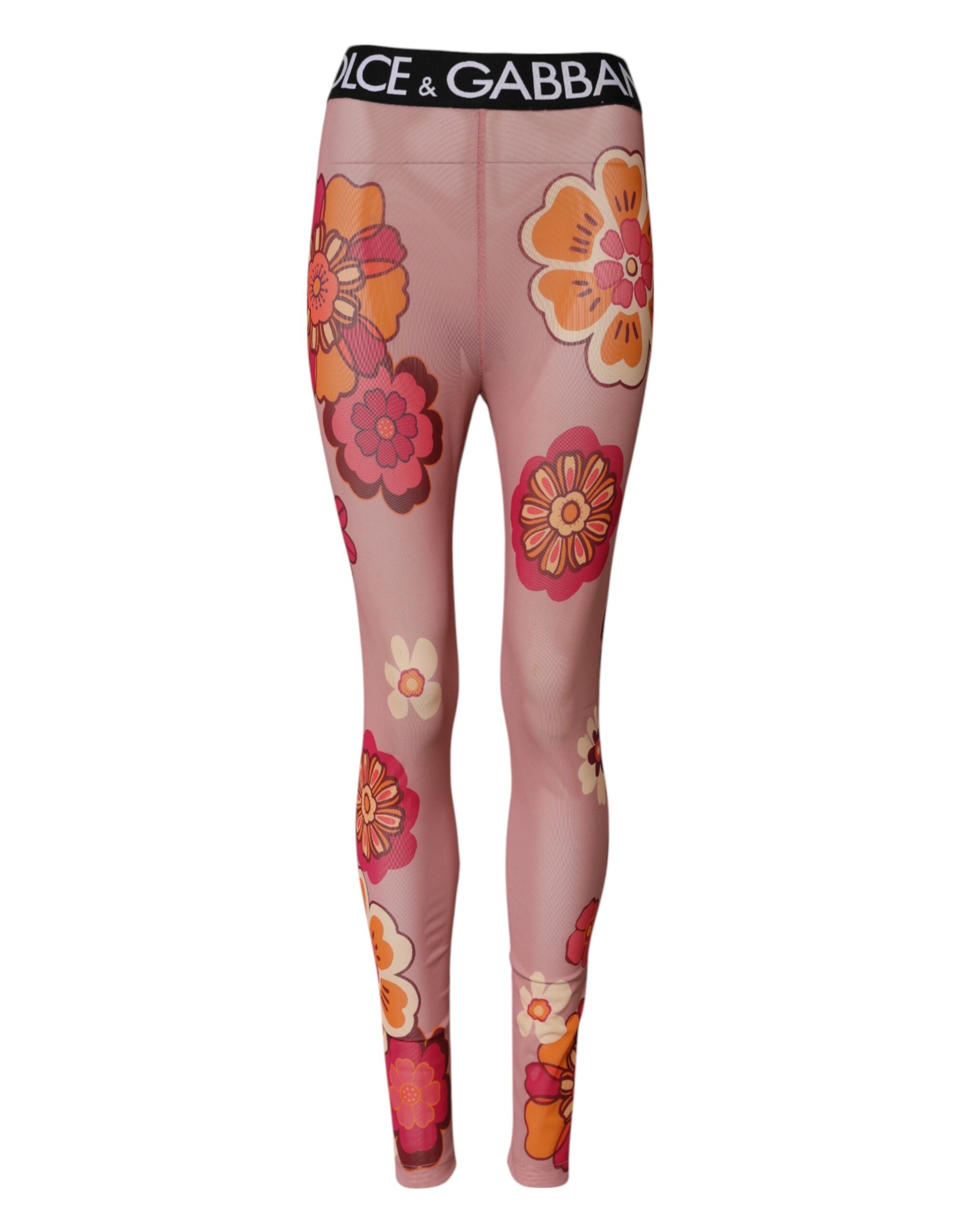 Dolce &amp; Gabbana lyserøde blomsterleggings med stretch i taljen