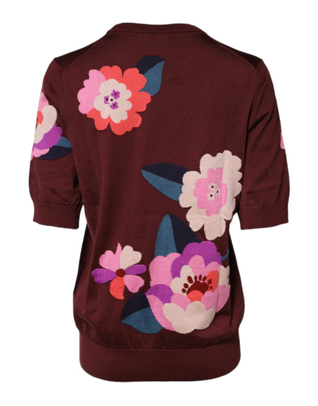 Dolce &amp; Gabbana rødbrun blomster silke bluse top med rund hals