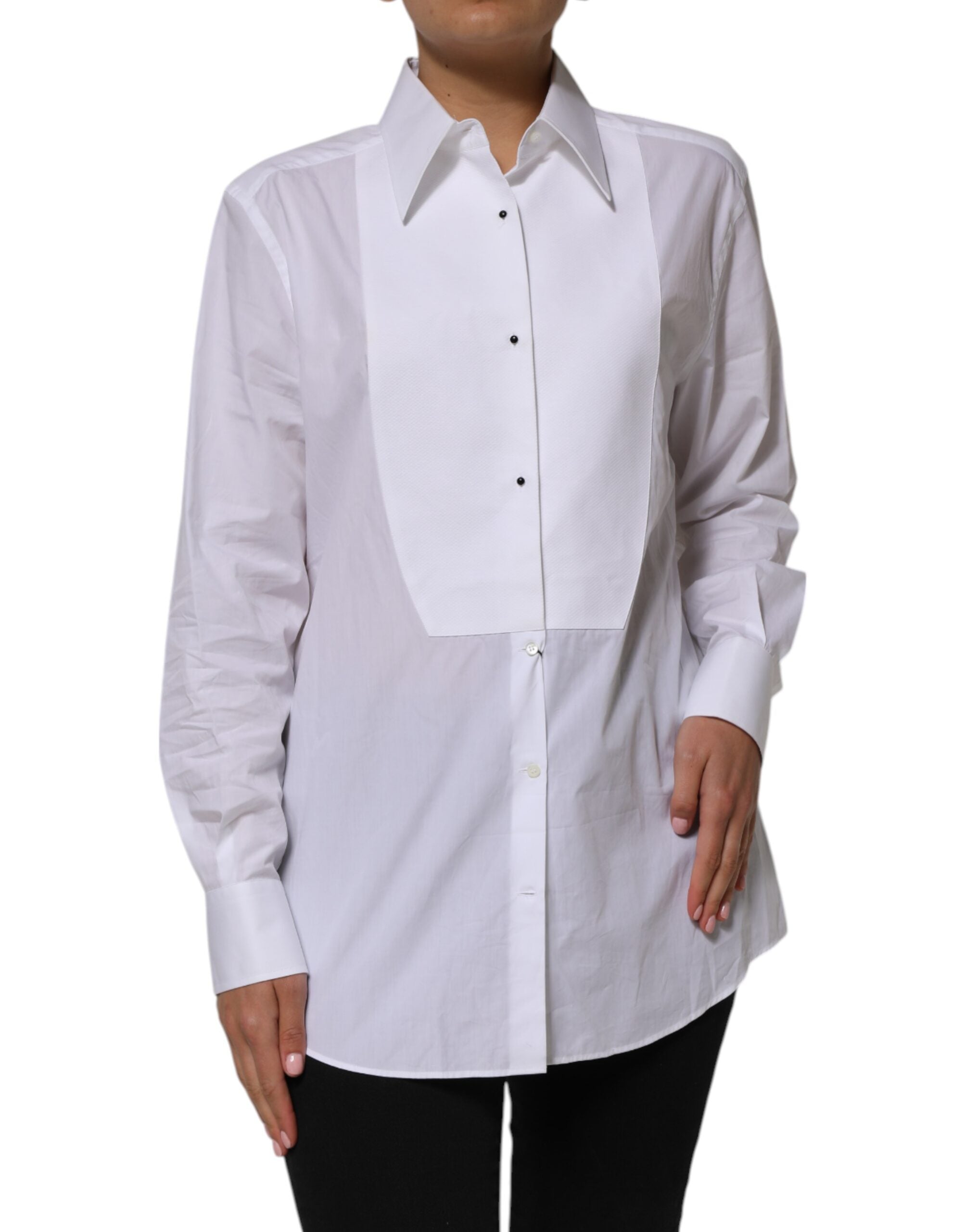Dolce &amp; Gabbana hvid bomuldskrave langærmet skjortetop