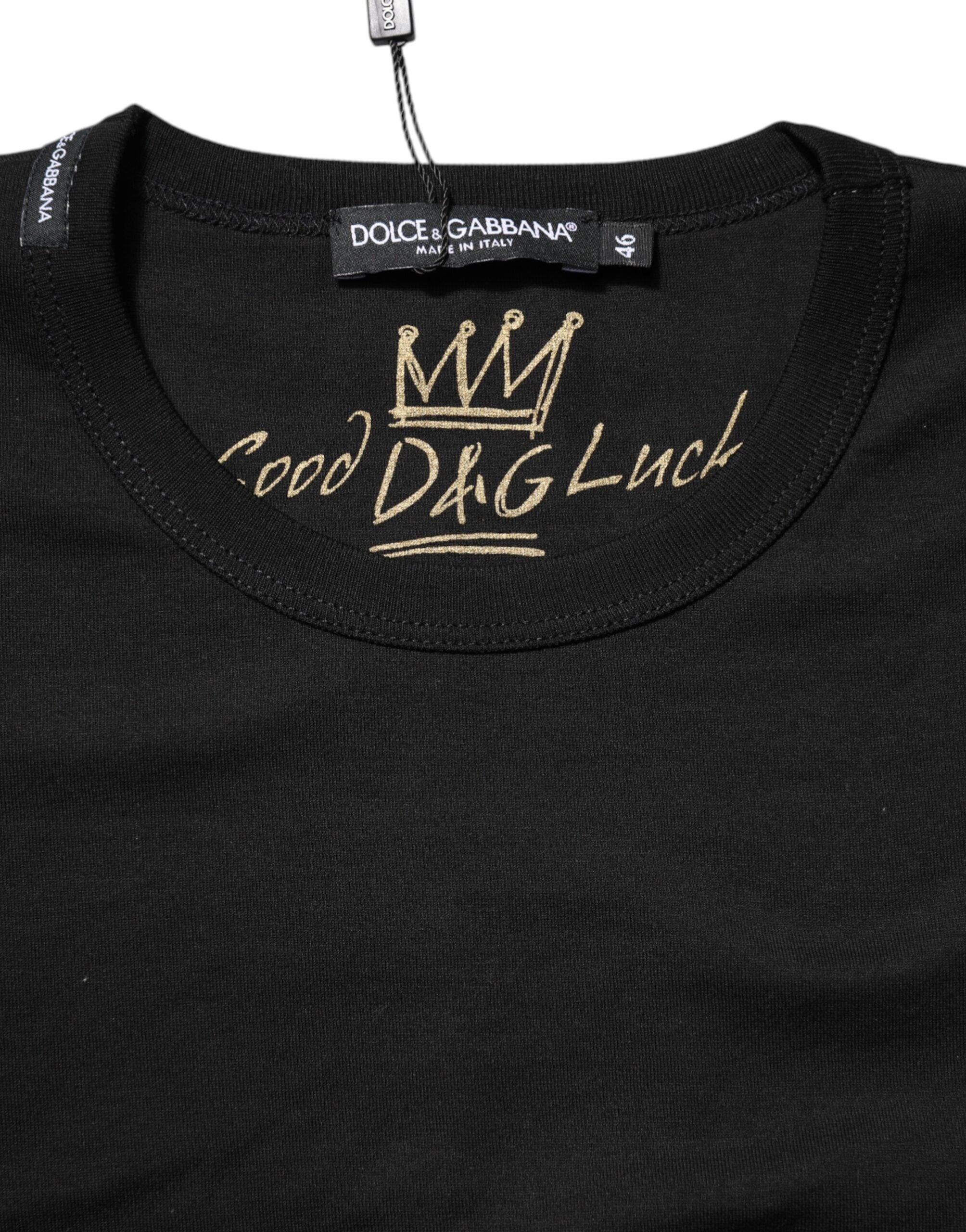 Dolce &amp; Gabbana Sort bomulds-T-shirt med rund hals og Goodluck-logo