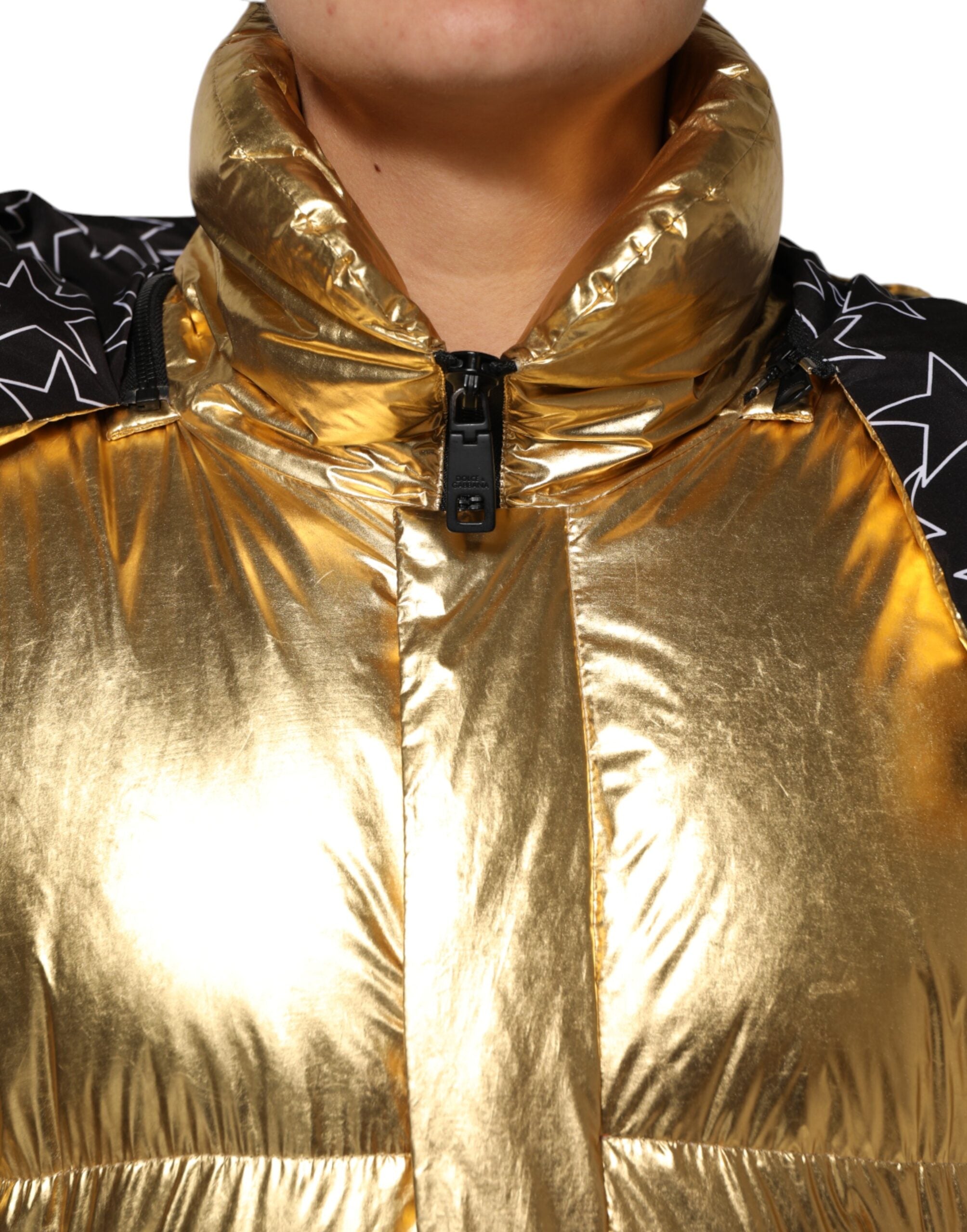 Dolce & Gabbana Gold Hooded Puffer Quilted Full Zip Jacket