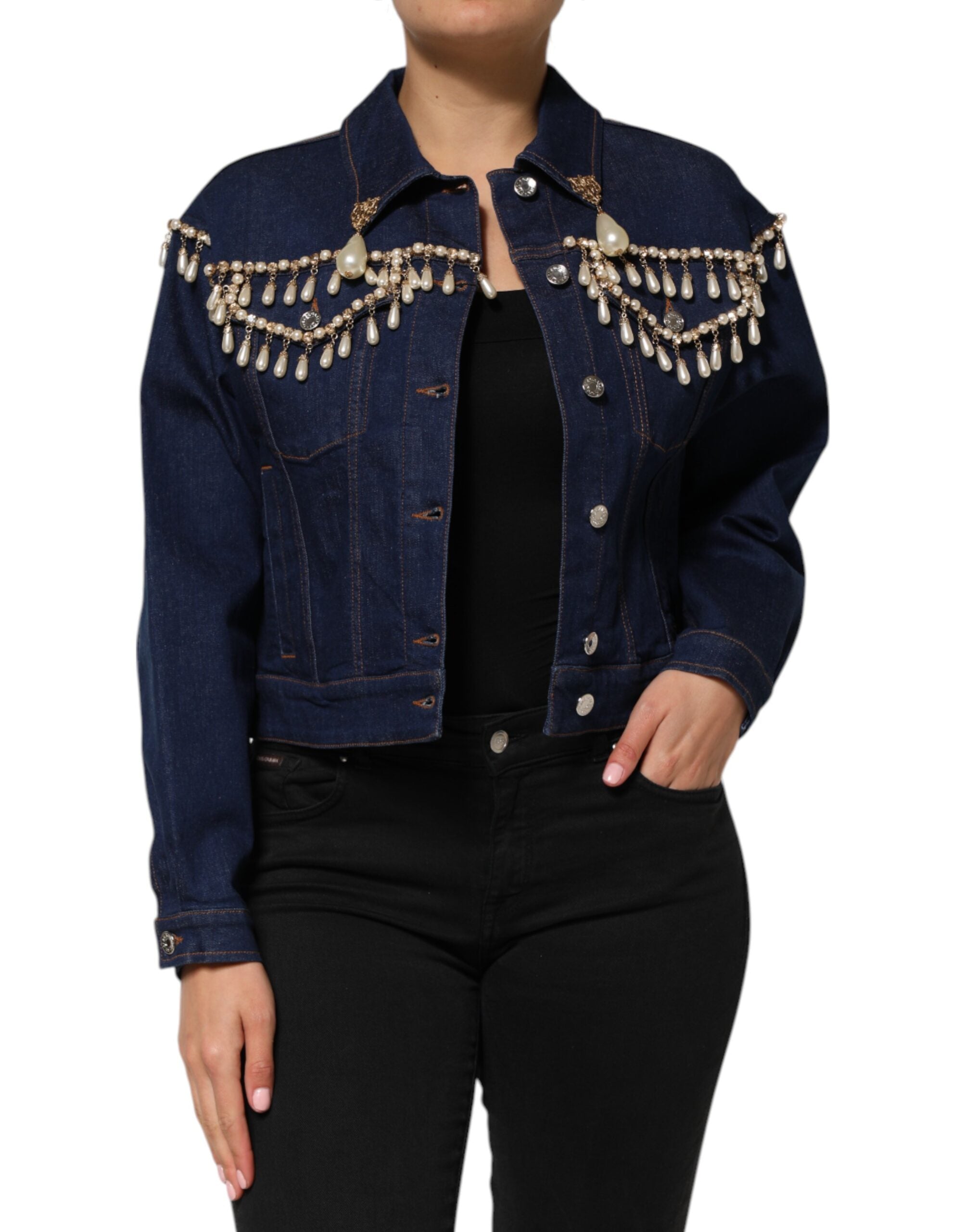 Dolce &amp; Gabbana Blå Bomuldsdenim Jakke med Krystaludsmykning