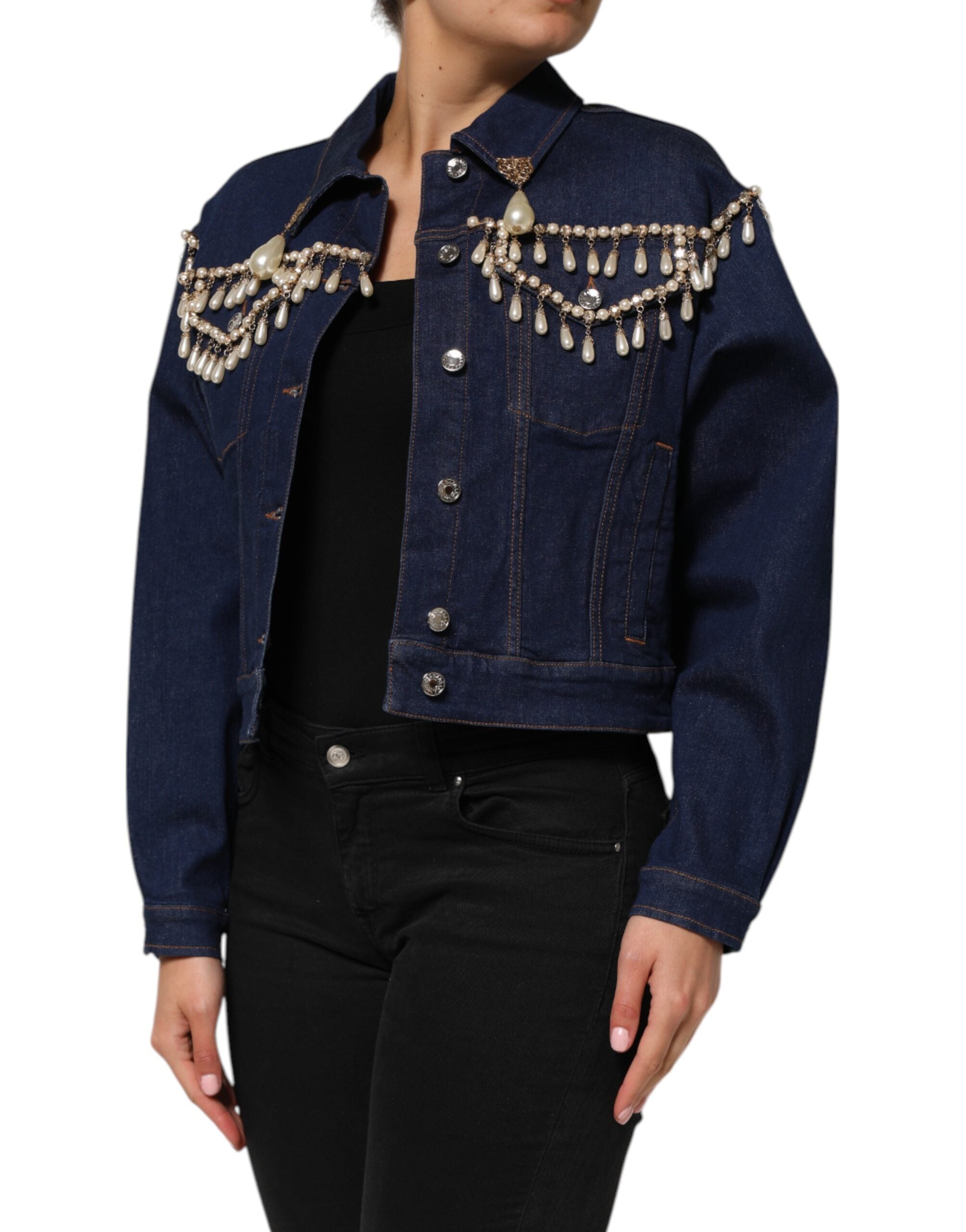 Dolce &amp; Gabbana Blå Bomuldsdenim Jakke med Krystaludsmykning