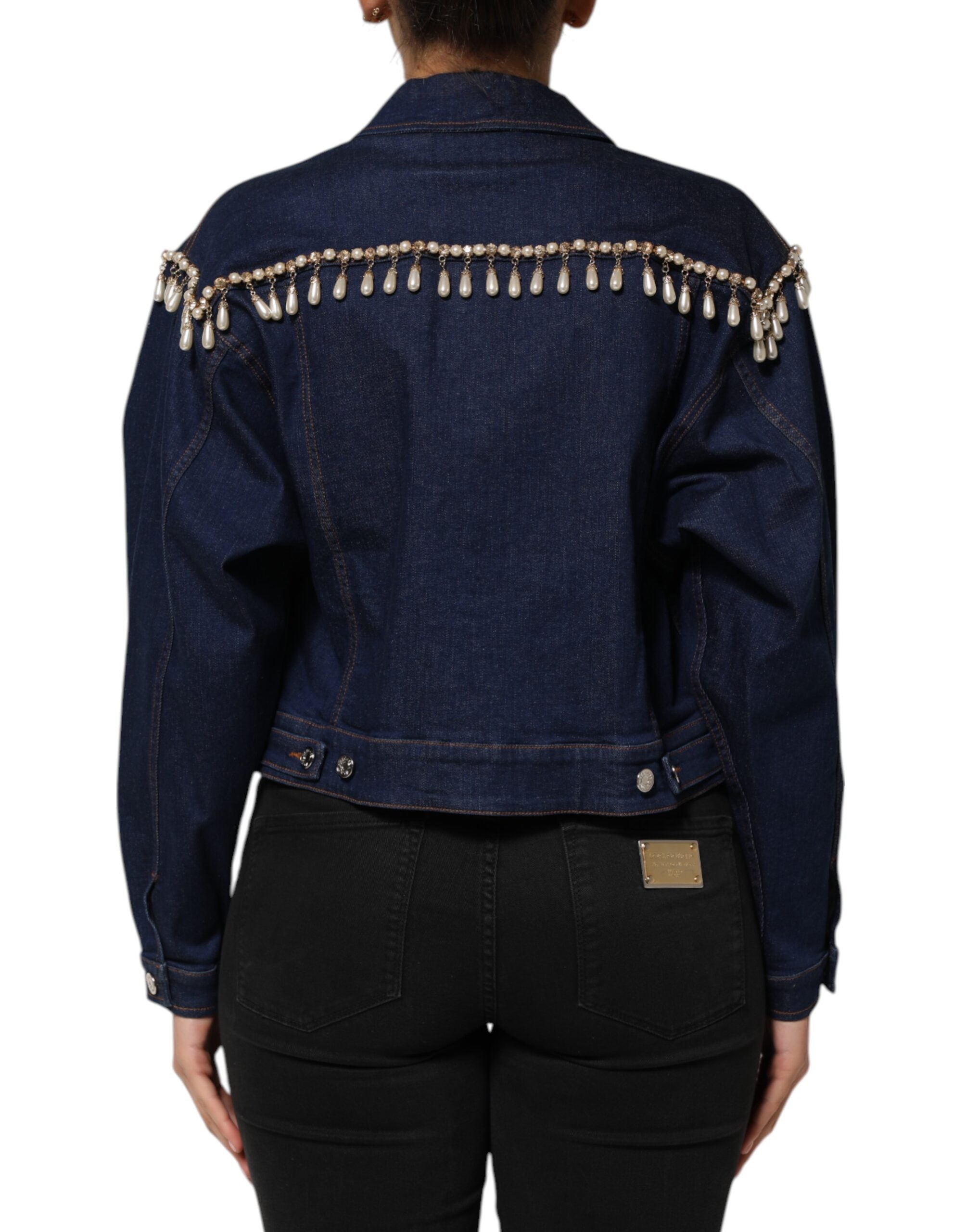 Dolce &amp; Gabbana Blå Bomuldsdenim Jakke med Krystaludsmykning