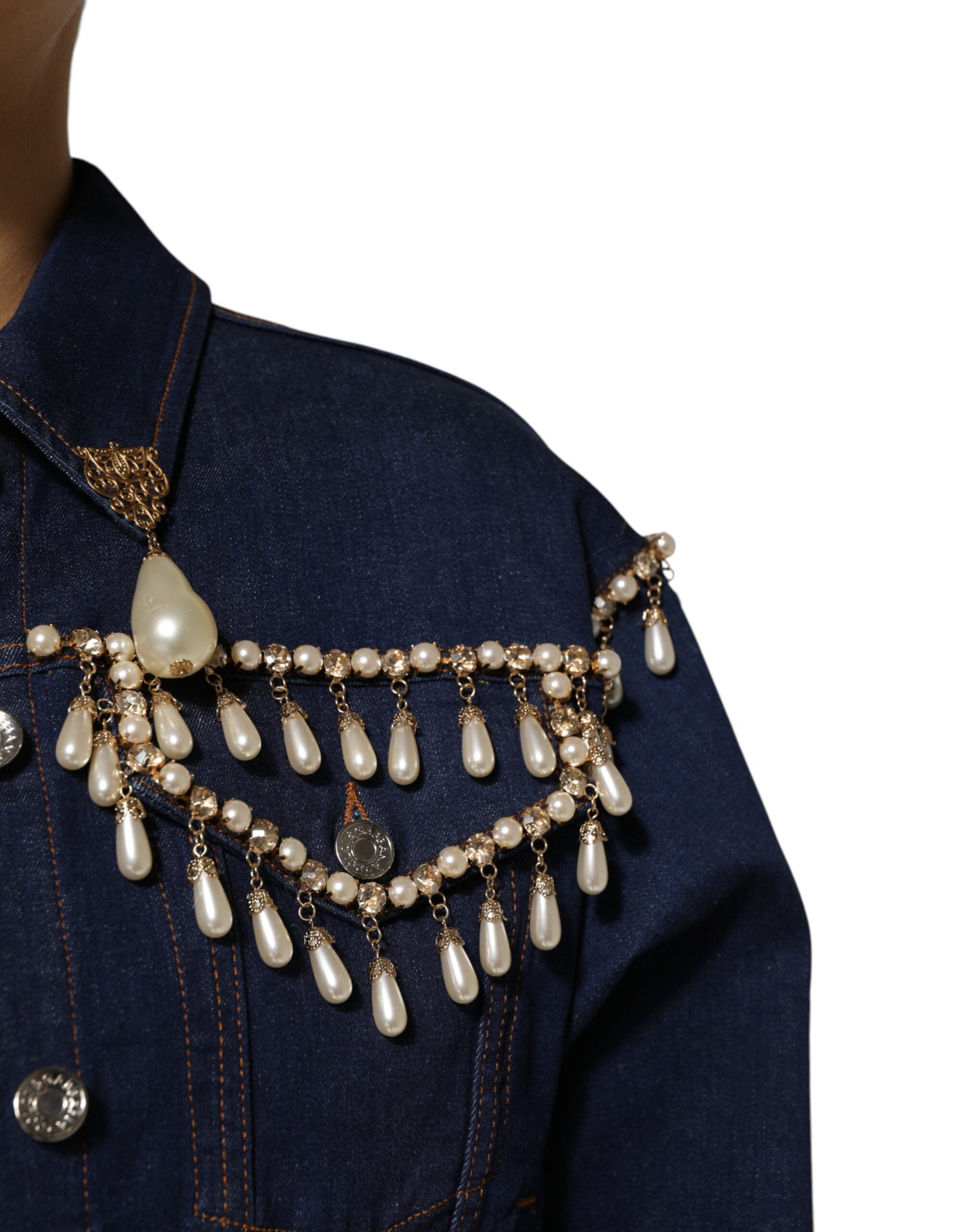 Dolce &amp; Gabbana Blå Bomuldsdenim Jakke med Krystaludsmykning