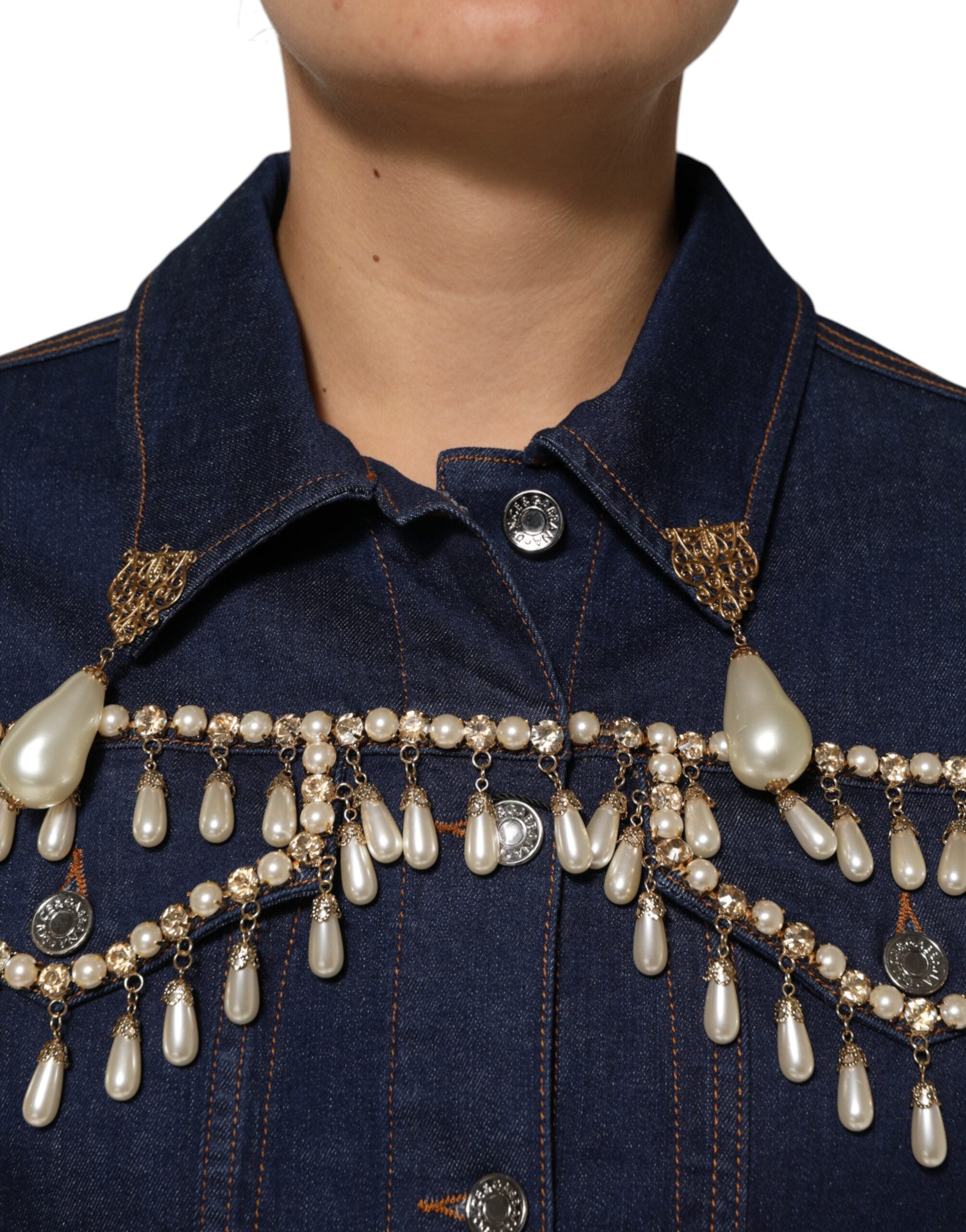 Dolce &amp; Gabbana Blå Bomuldsdenim Jakke med Krystaludsmykning