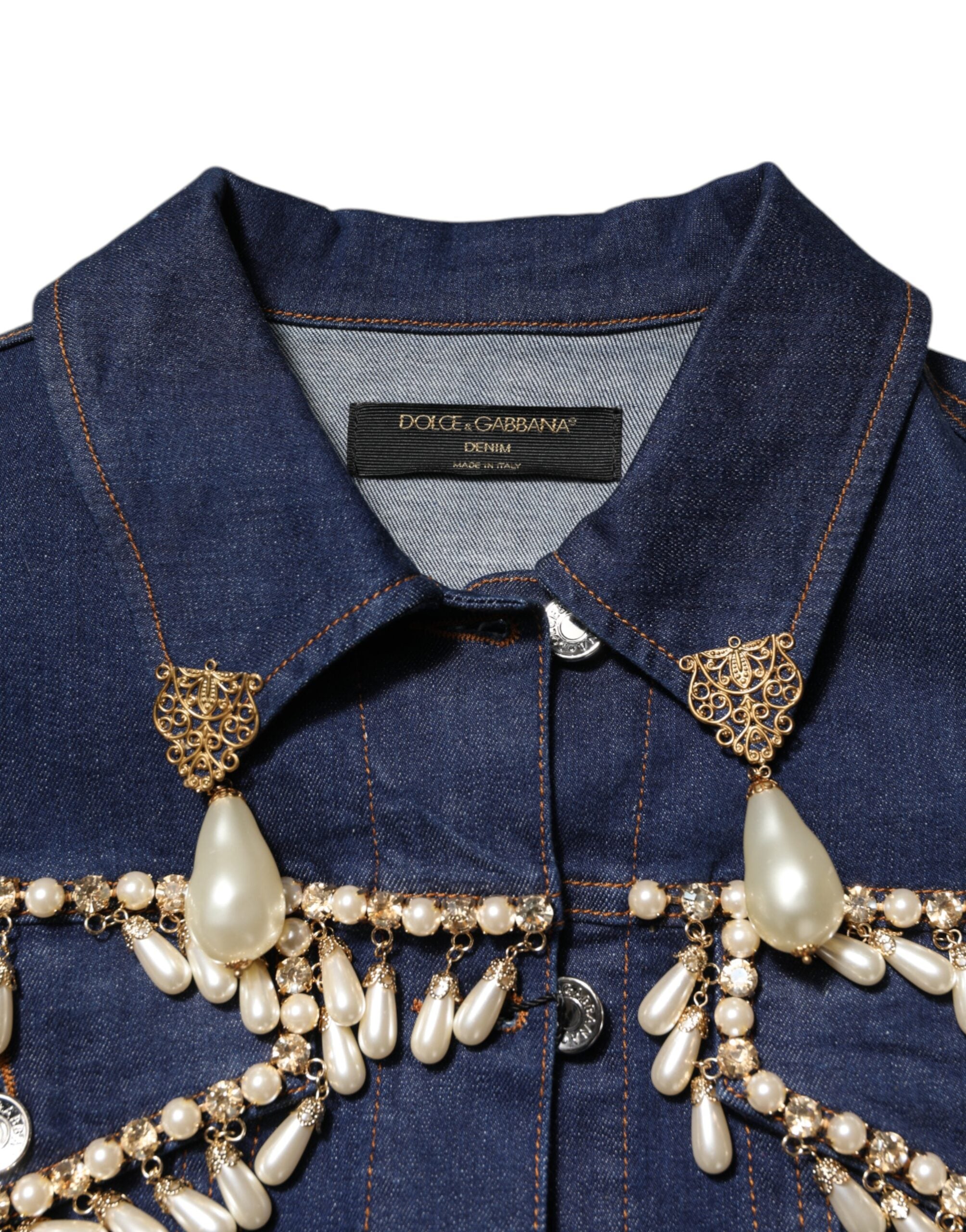 Dolce &amp; Gabbana Blå Bomuldsdenim Jakke med Krystaludsmykning