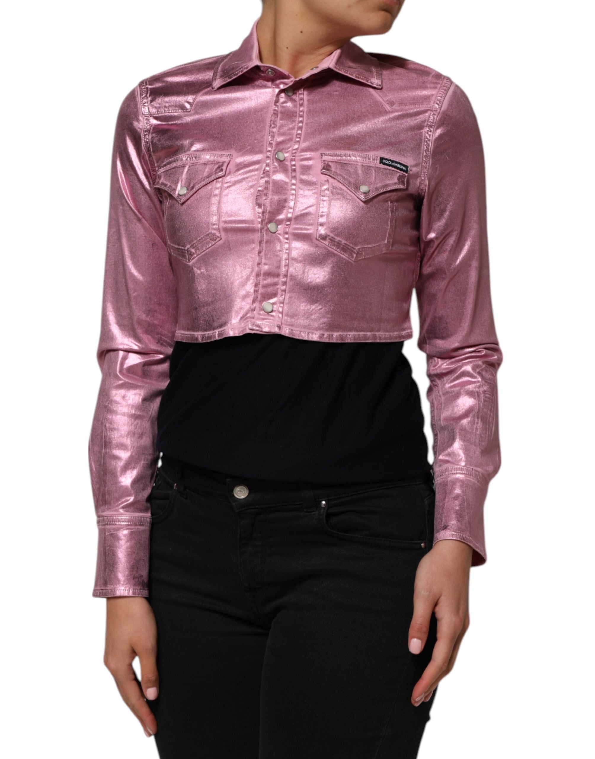 Dolce &amp; Gabbana Lyserød Bomulds Stretch Cropped Jakke med Krave