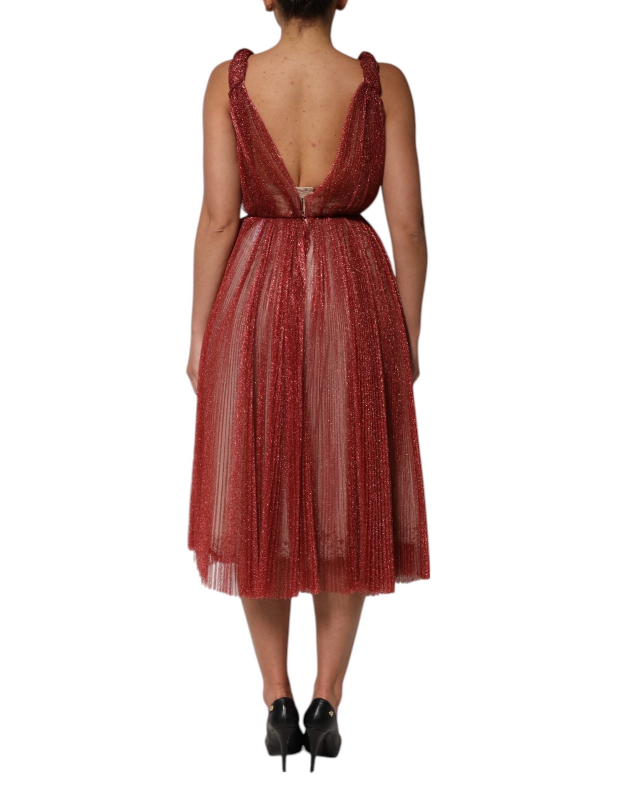Dolce &amp; Gabbana Bordeauxrød Mesh Ærmeløs Midi A-linje Kjole