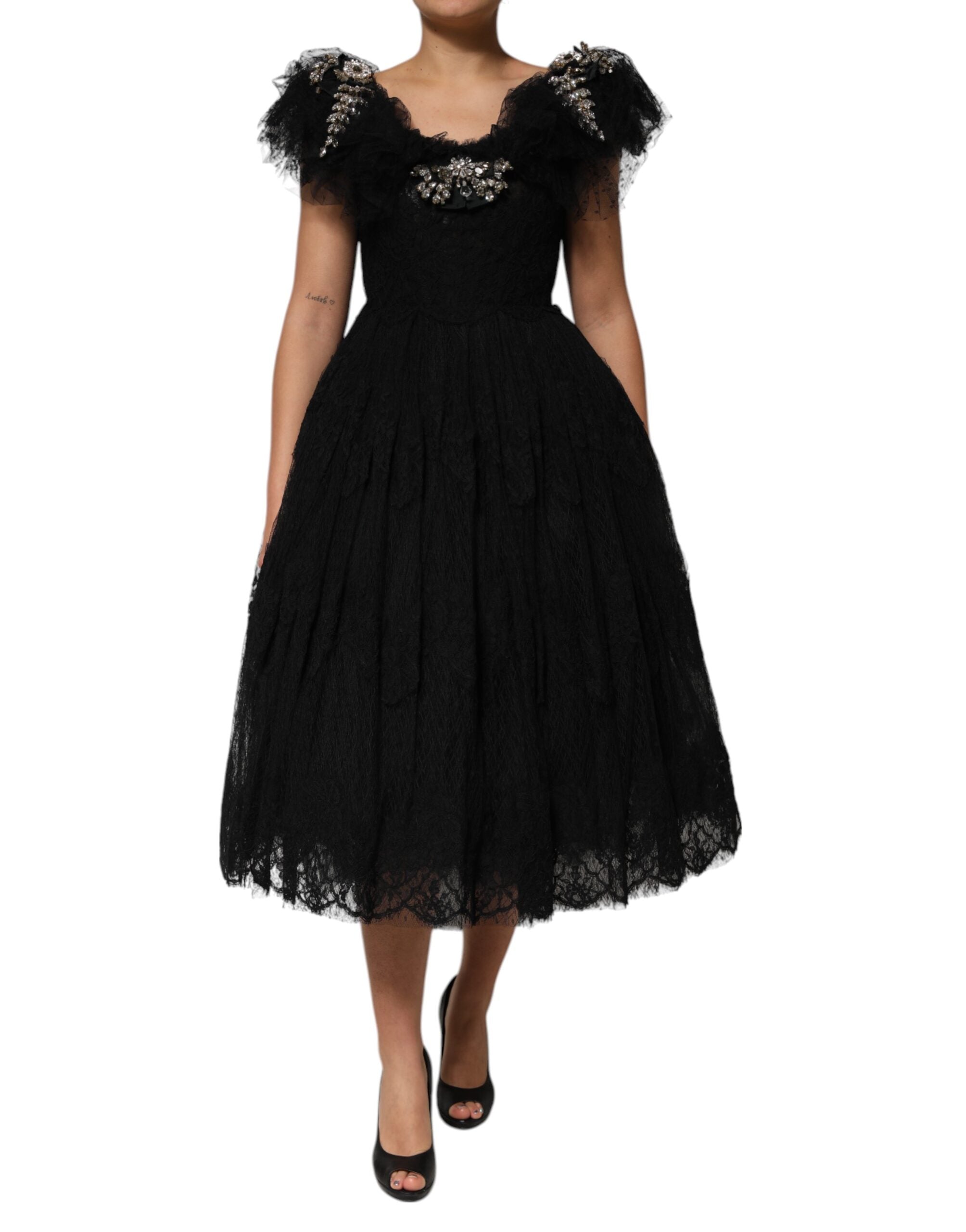 Dolce &amp; Gabbana Sort Krystaludsmykket Midi A-formet Kjole
