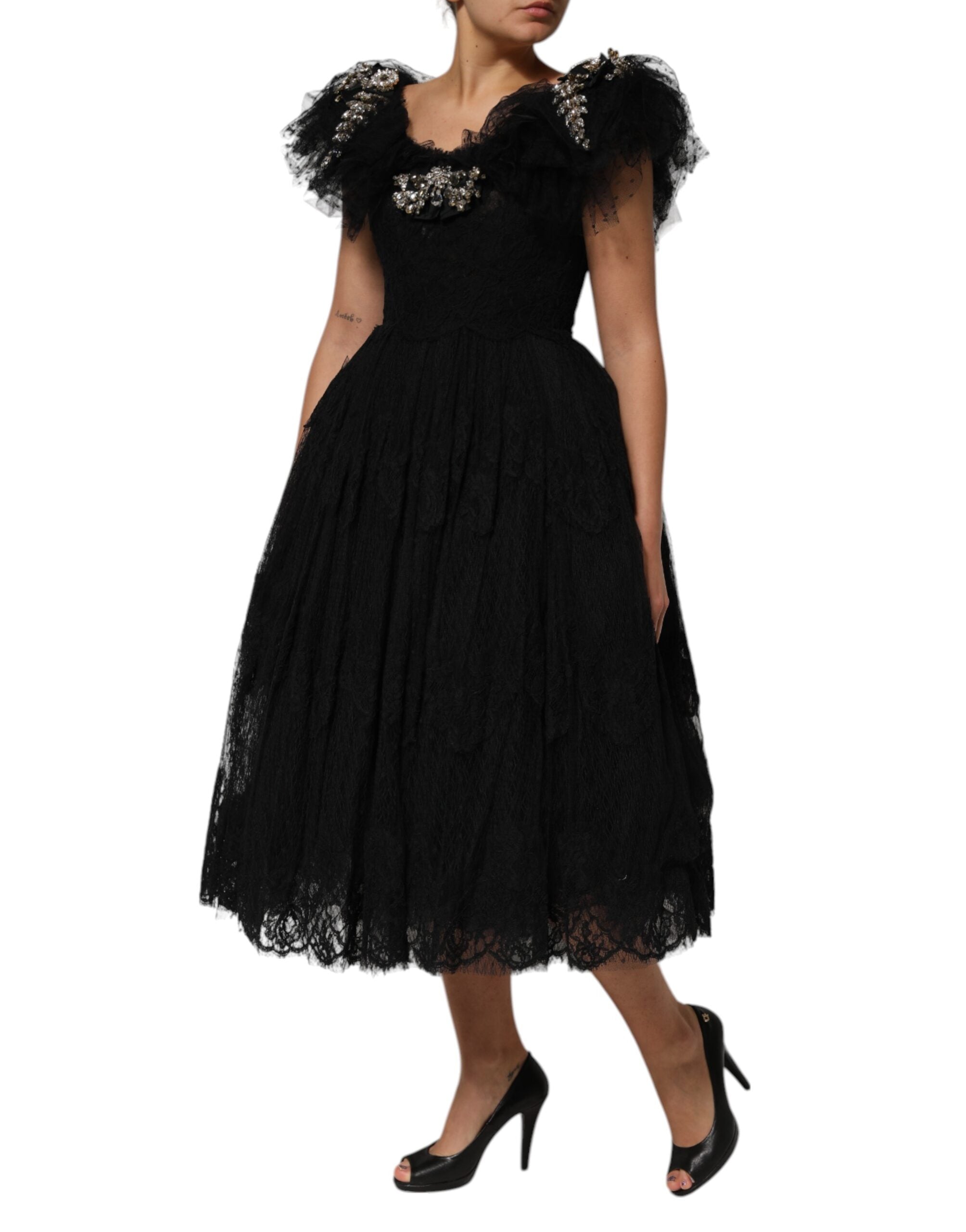 Dolce &amp; Gabbana Sort Krystaludsmykket Midi A-formet Kjole