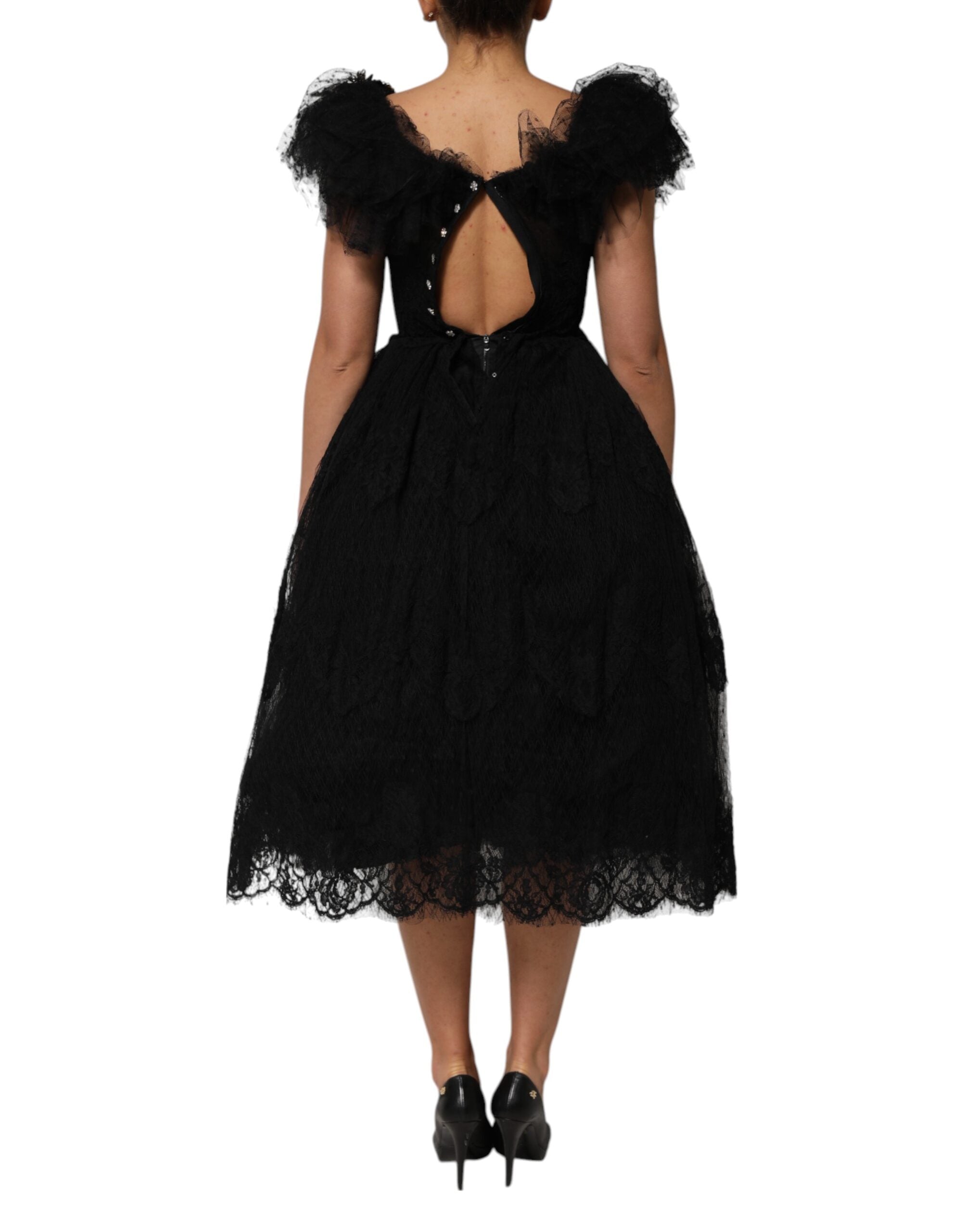 Dolce &amp; Gabbana Sort Krystaludsmykket Midi A-formet Kjole