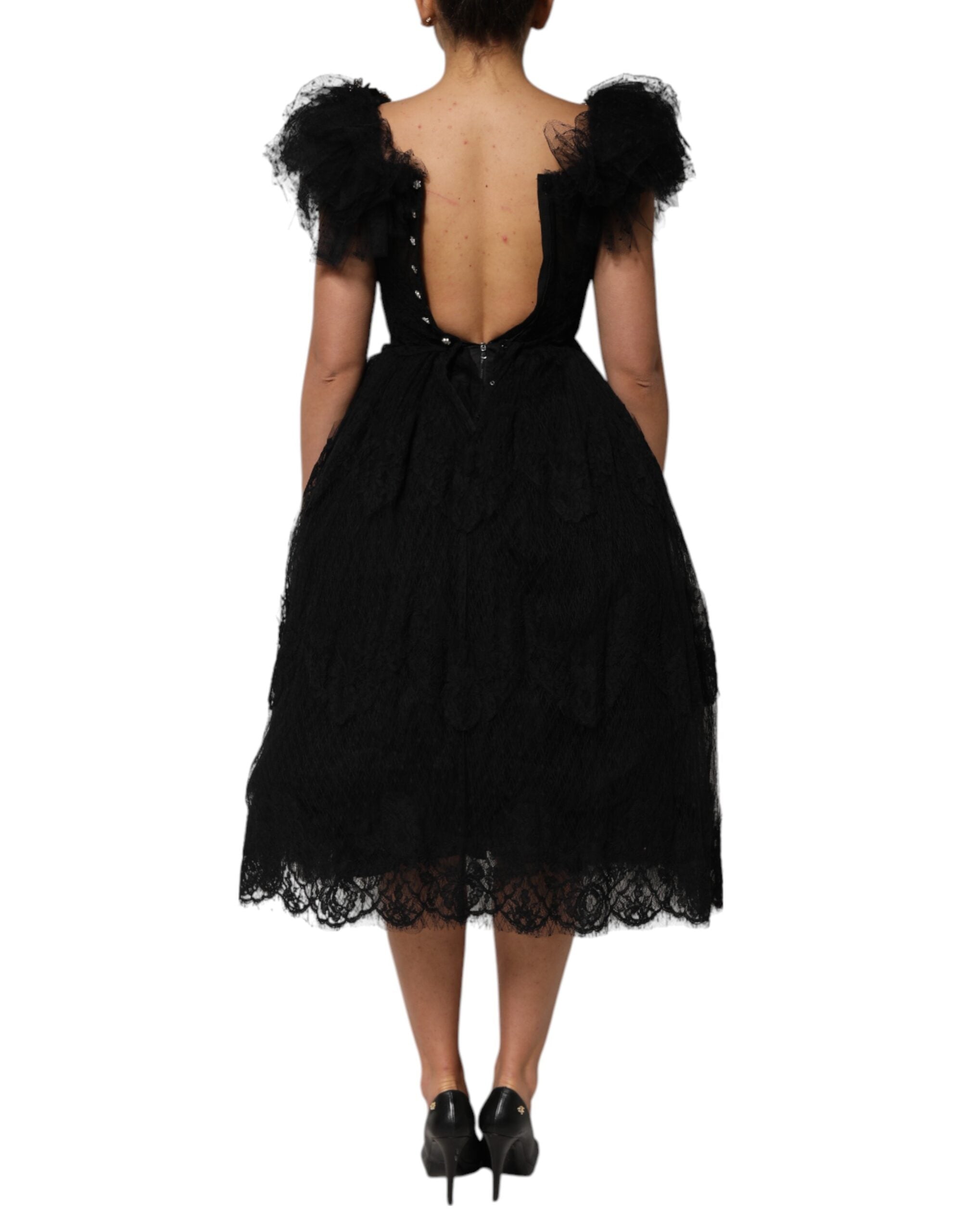 Dolce &amp; Gabbana Sort Krystaludsmykket Midi A-formet Kjole