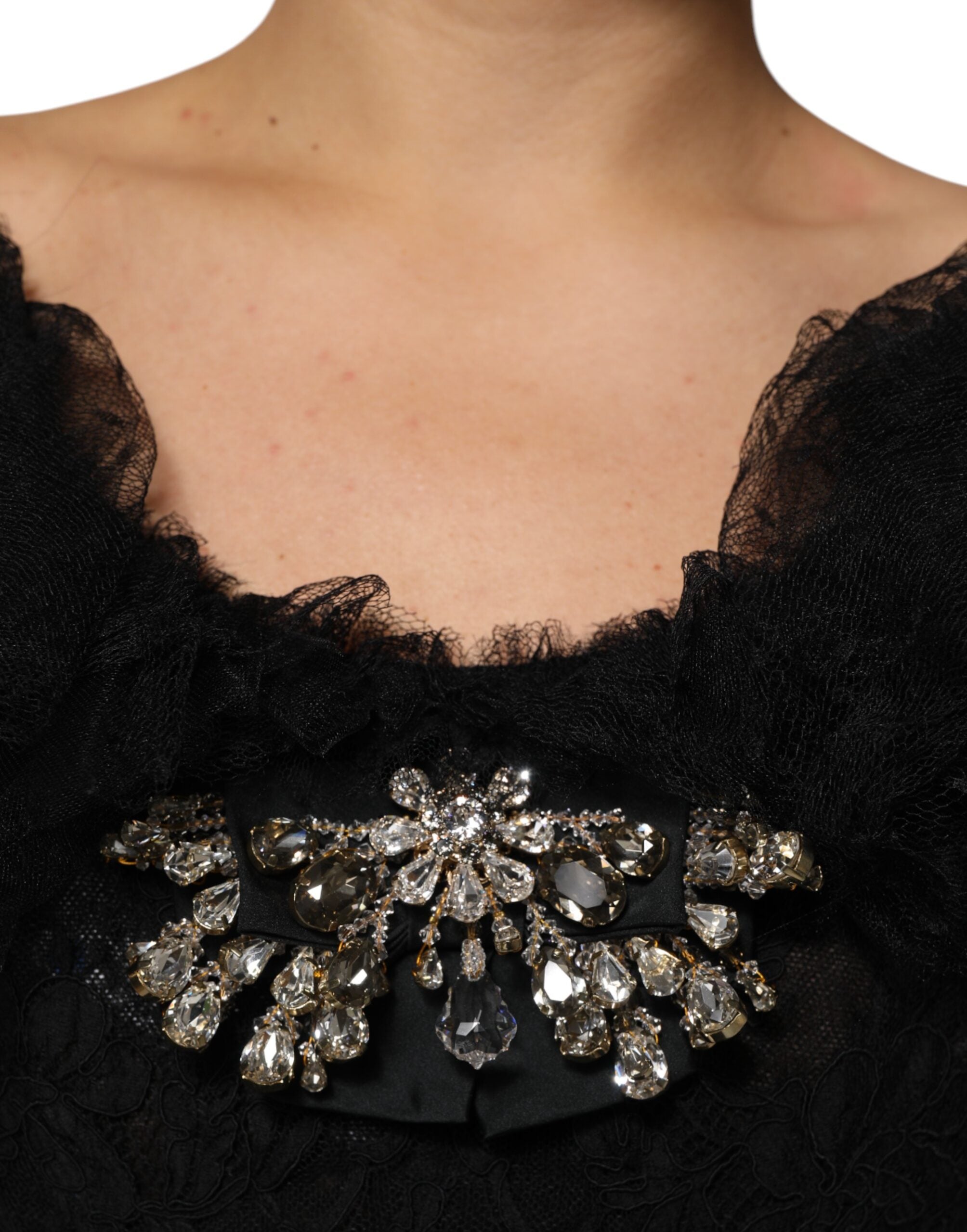 Dolce &amp; Gabbana Sort Krystaludsmykket Midi A-formet Kjole