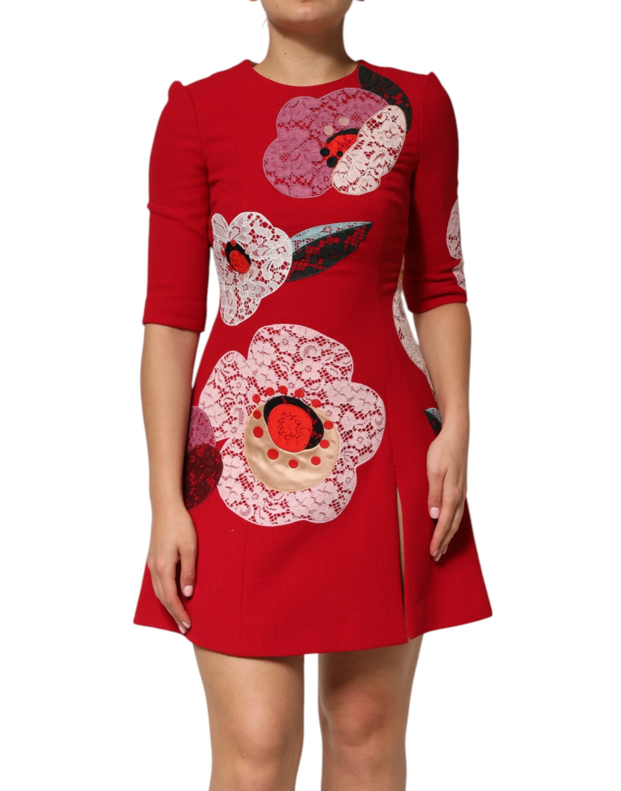 Dolce &amp; Gabbana Rød Blonde Blomsterapplikation A-formet Minikjole
