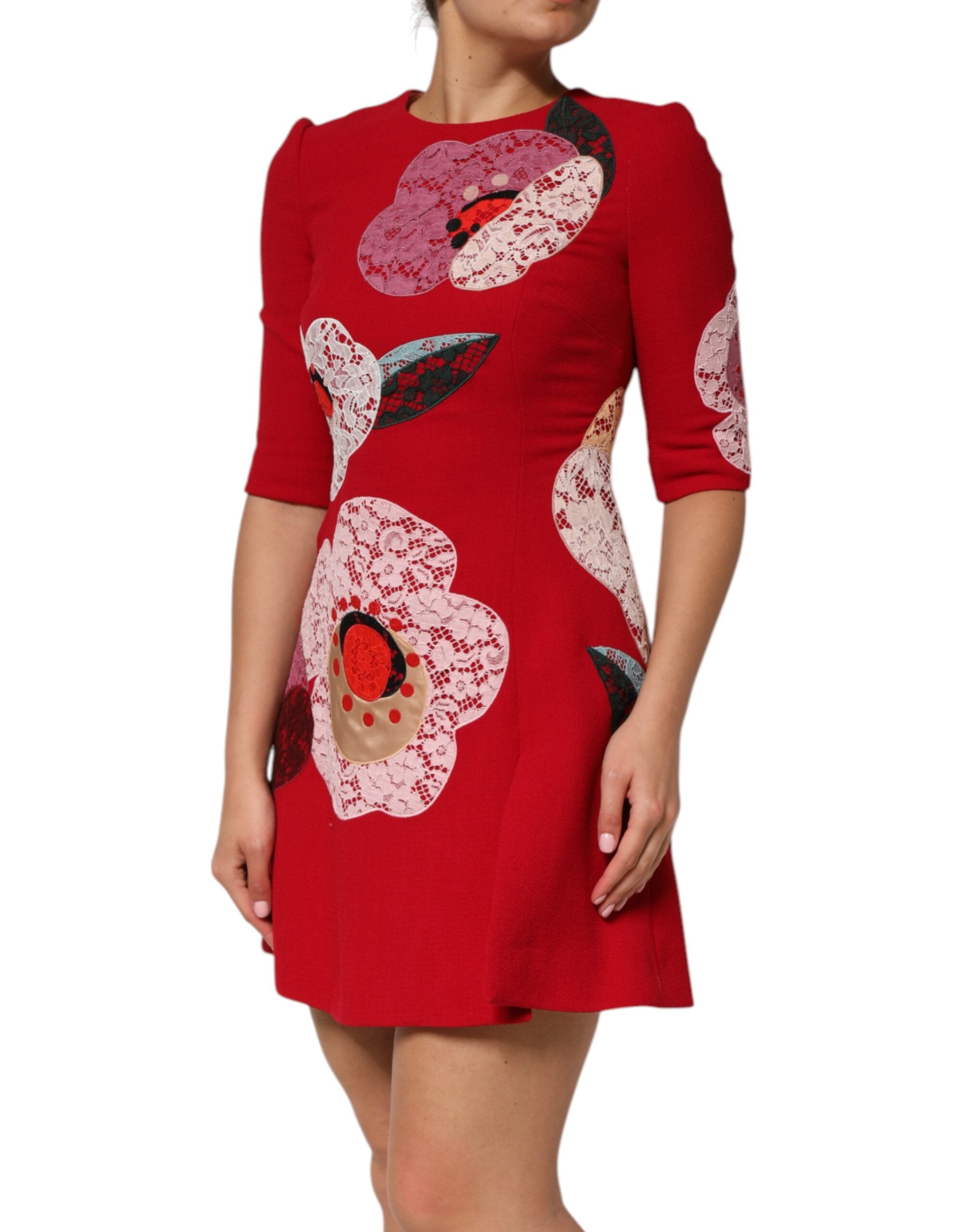 Dolce &amp; Gabbana Rød Blonde Blomsterapplikation A-formet Minikjole