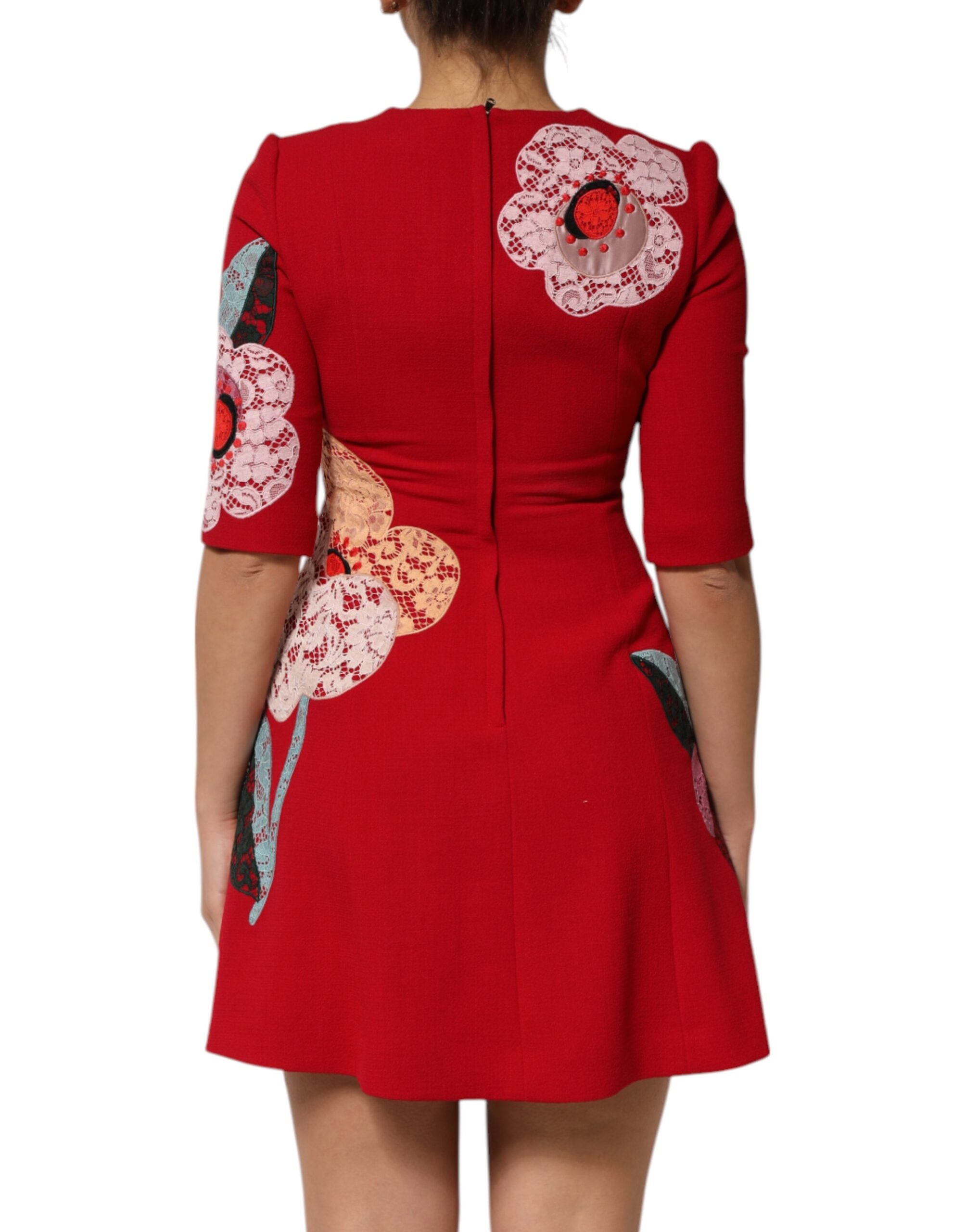 Dolce &amp; Gabbana Rød Blonde Blomsterapplikation A-formet Minikjole