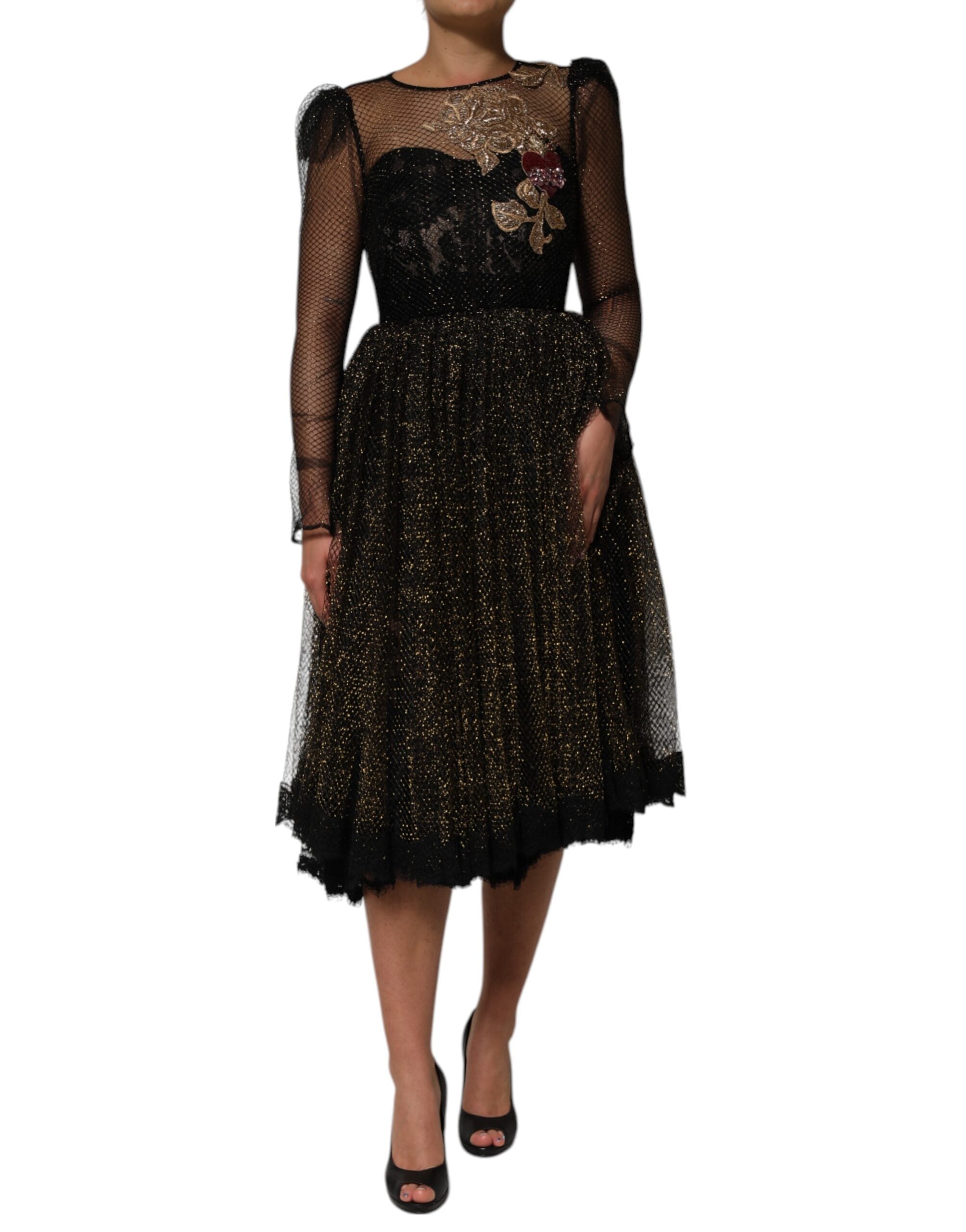 Dolce &amp; Gabbana Sort Krystalhjerteudsmykket A-formet Kjole
